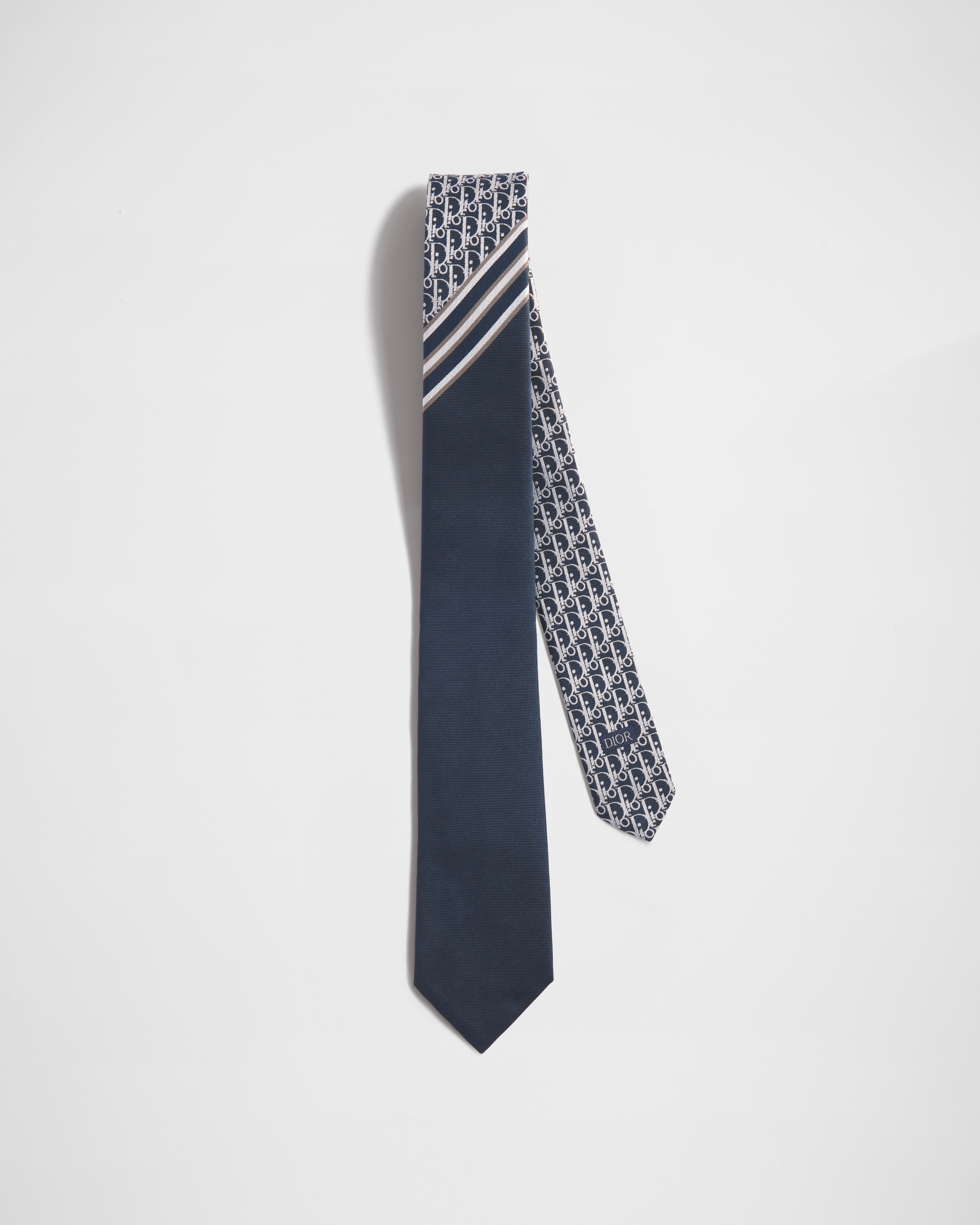 Striped Dior Oblique Tie Navy Blue, Gray and White Silk E01