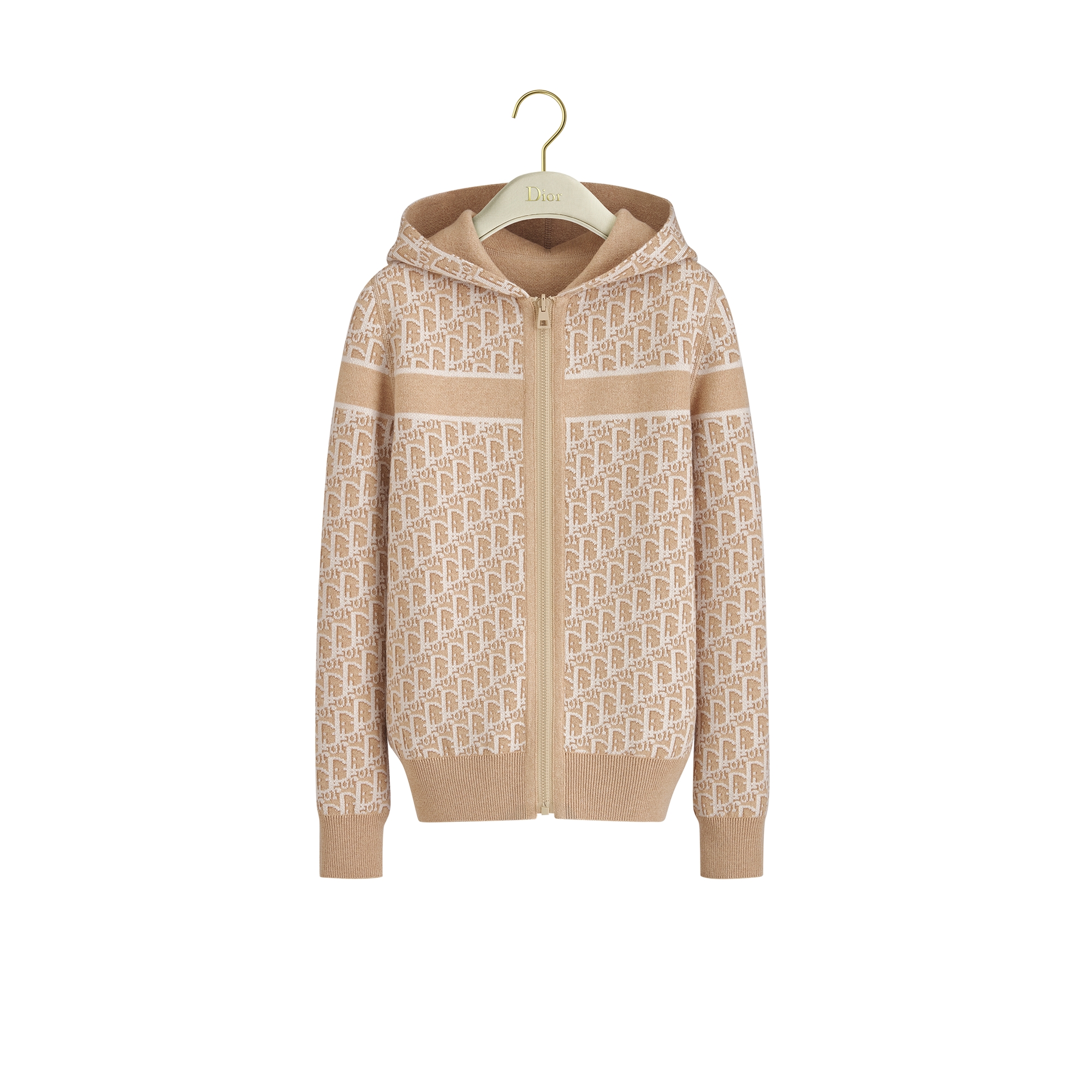 Reversible Zipped Cardigan with Hood Beige Cashmere-Blend Knit with Dior Oblique Motif E07