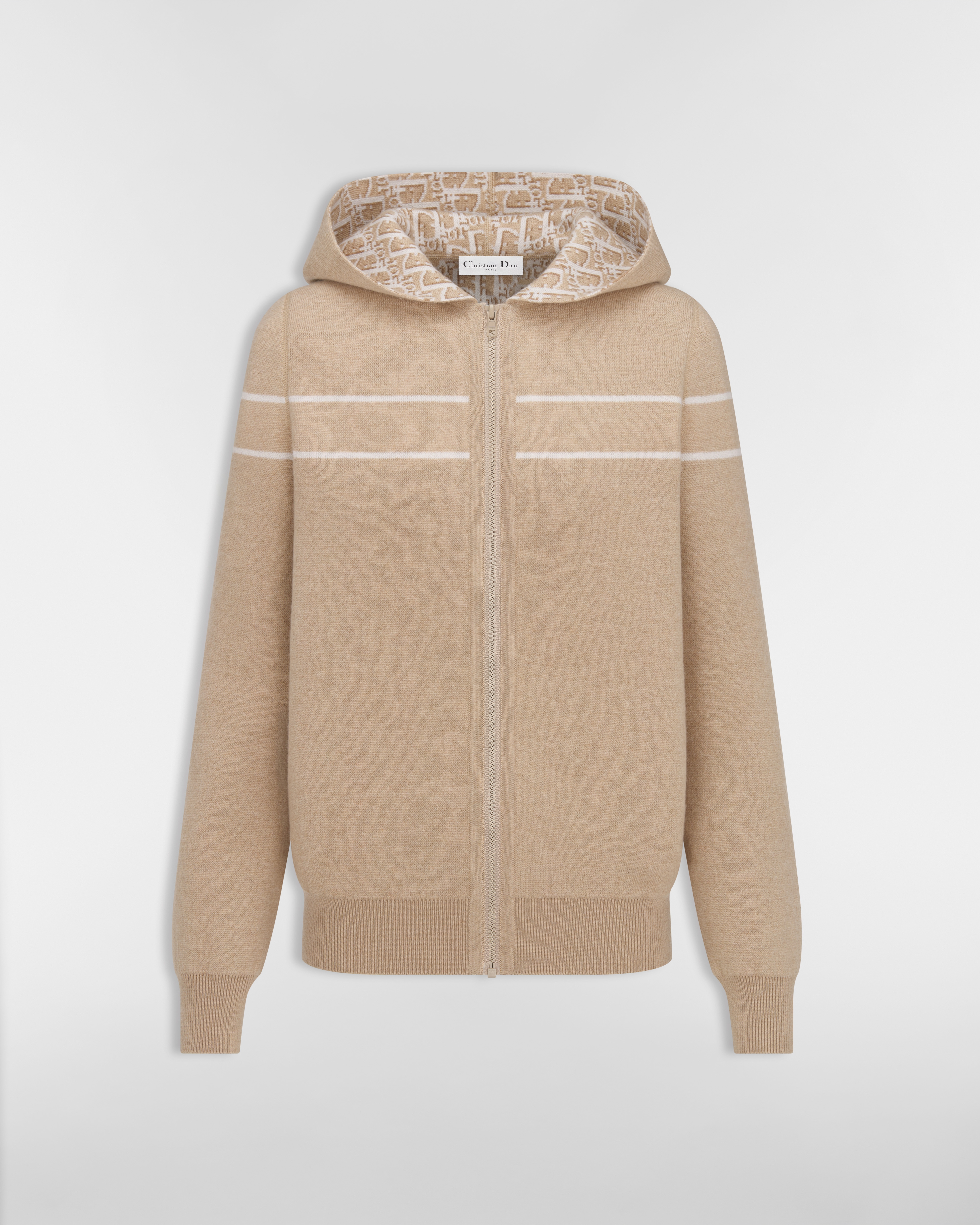 Reversible Zipped Cardigan with Hood Beige Cashmere-Blend Knit with Dior Oblique Motif E01