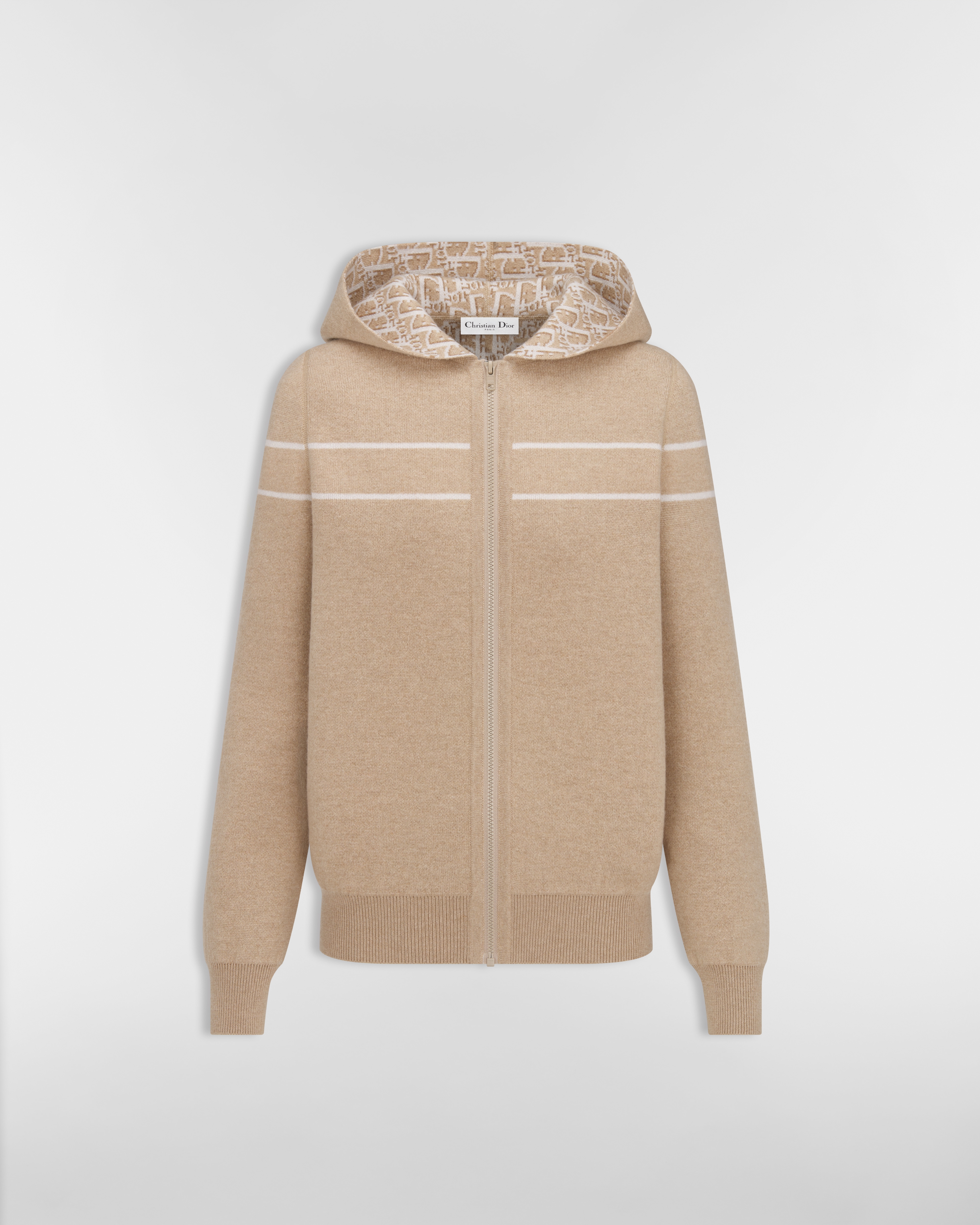 كنزة كرديغان ذات وجهين بسحّاب وقلنسوة كنزة محبوكة من مزيج الكشمير باللون البيج ونمط ديور أوبليك E01