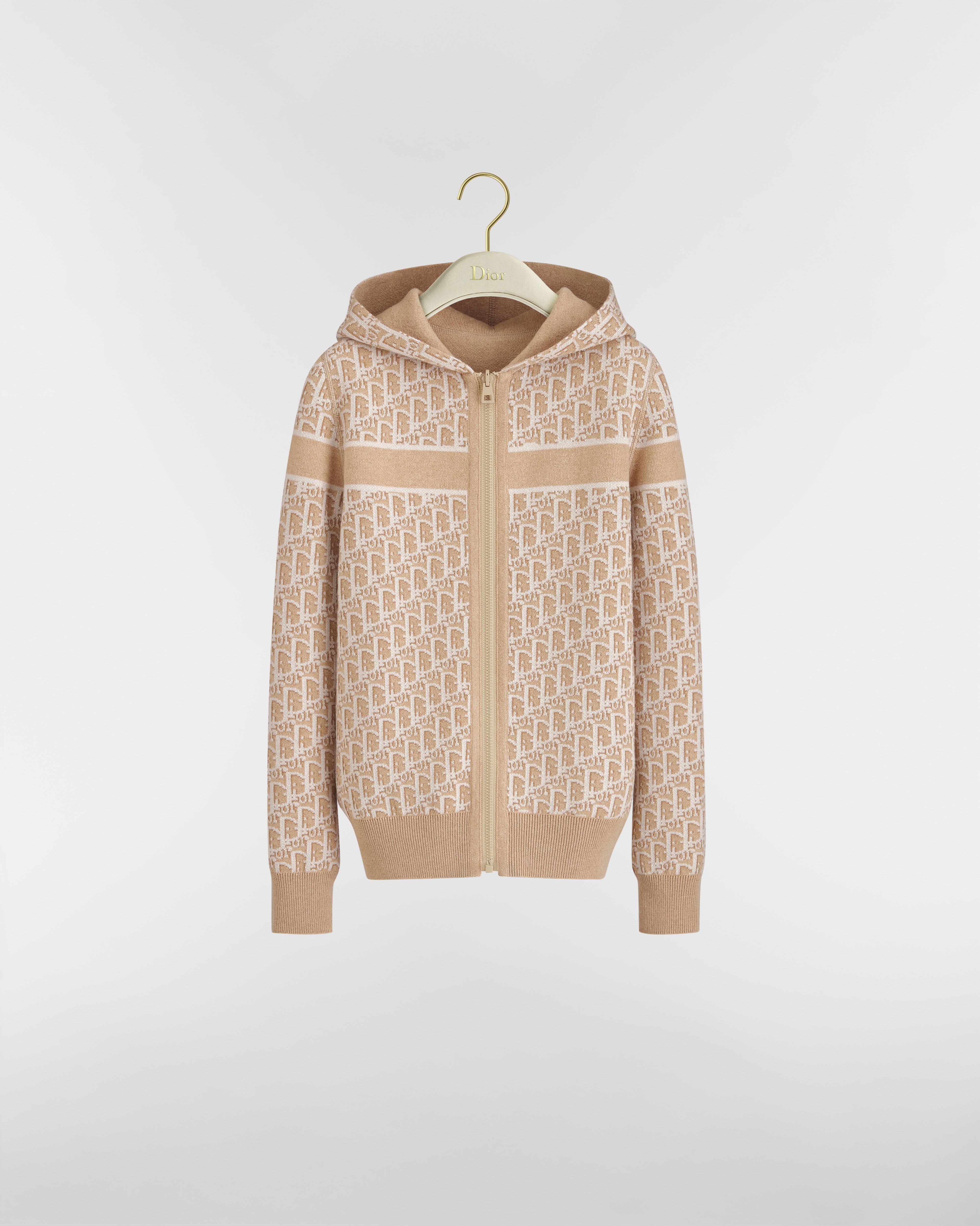 Reversible Zipped Cardigan with Hood Beige Cashmere-Blend Knit with Dior Oblique Motif E07