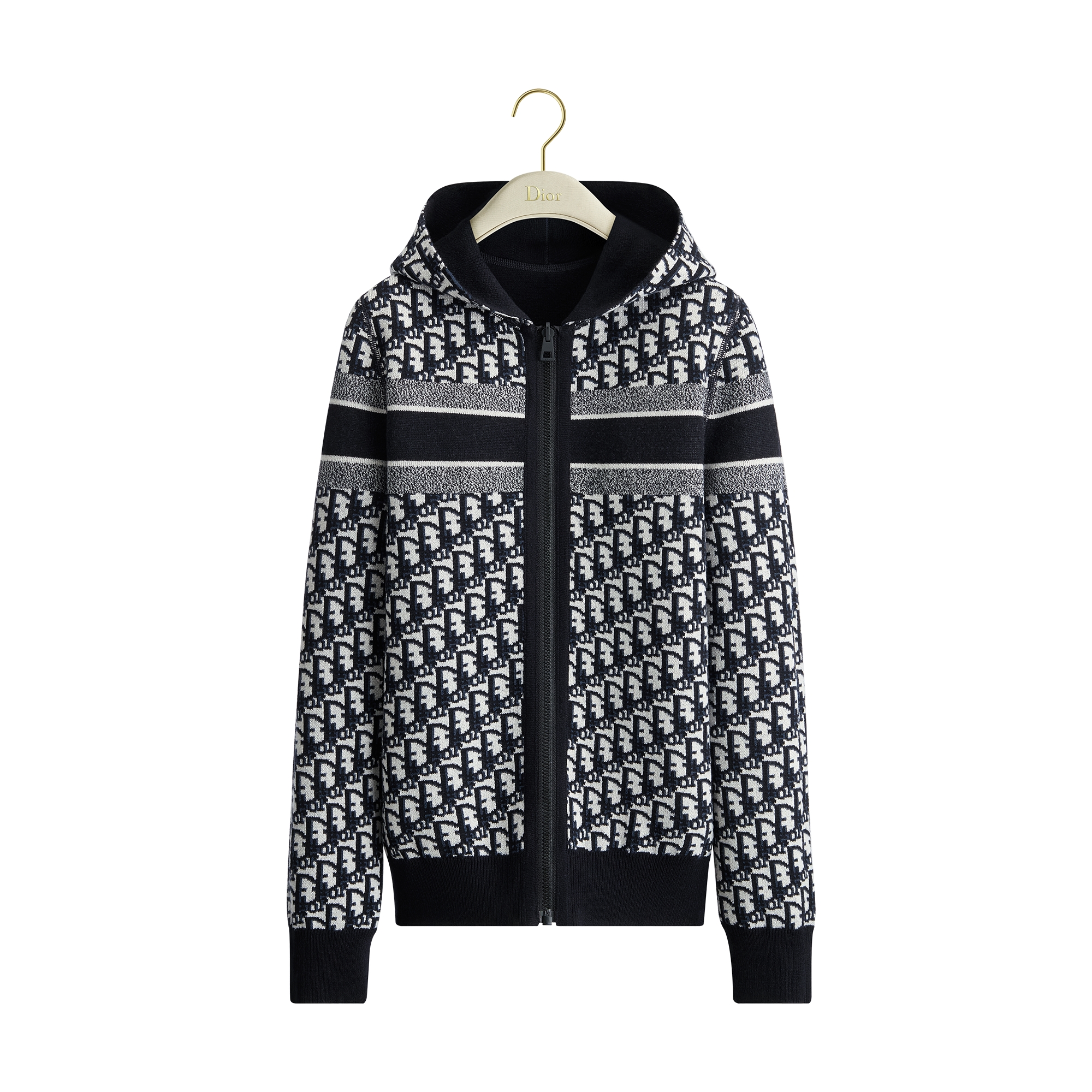 Reversible Zipped Cardigan with Hood Blue Cashmere-Blend Knit with Dior Oblique Motif E11