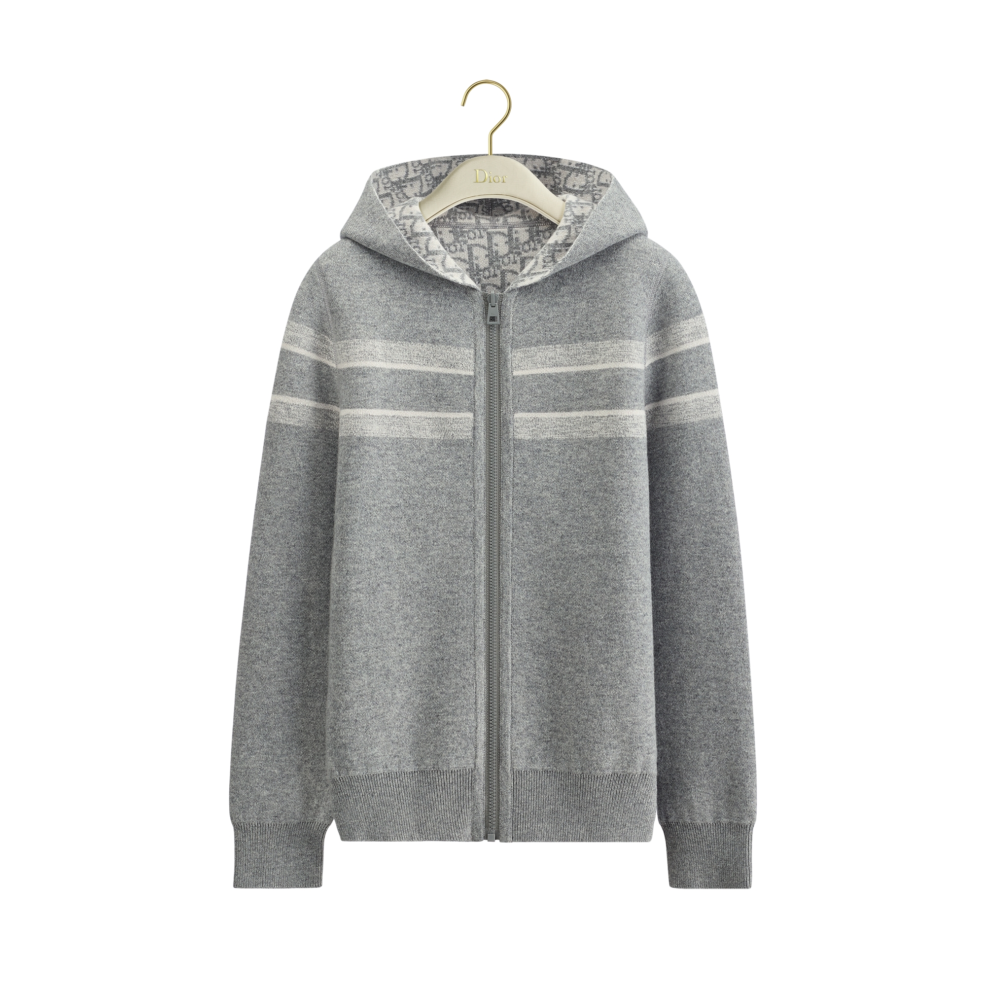 Reversible Zipped Cardigan with Hood Gray Cashmere-Blend Knit with Dior Oblique Motif E01