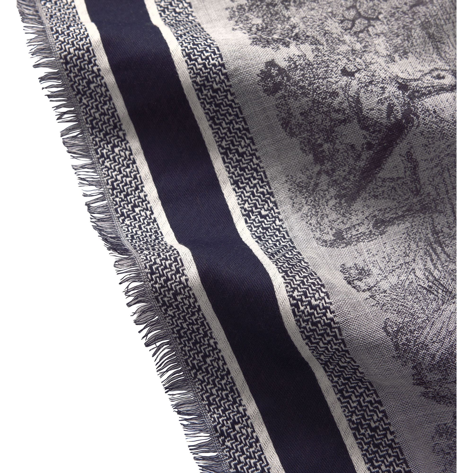 Toile de Jouy Shawl Ivory and Blue Wool, Silk and Cotton E10