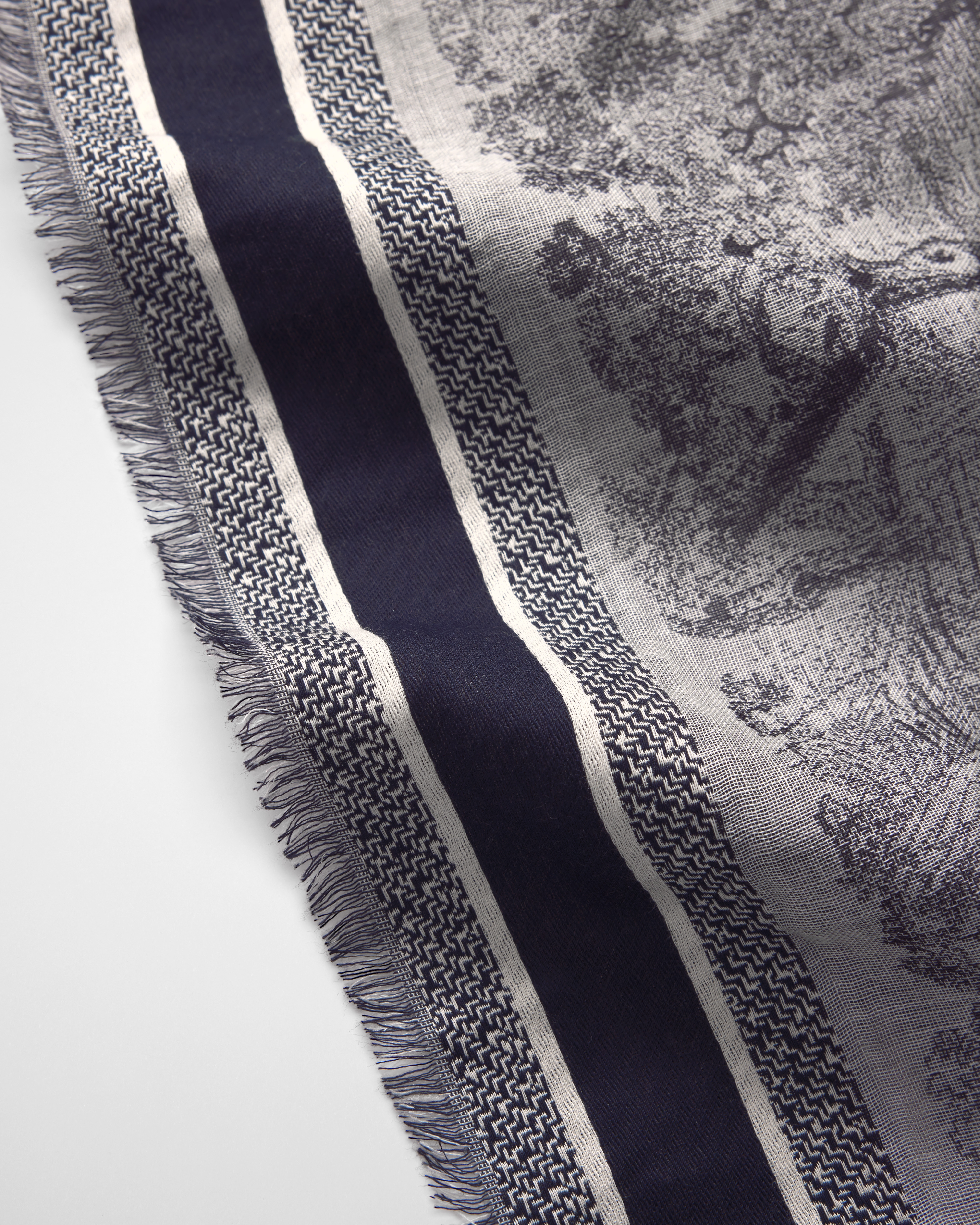 Toile de Jouy Shawl Ivory and Blue Wool, Silk and Cotton E10