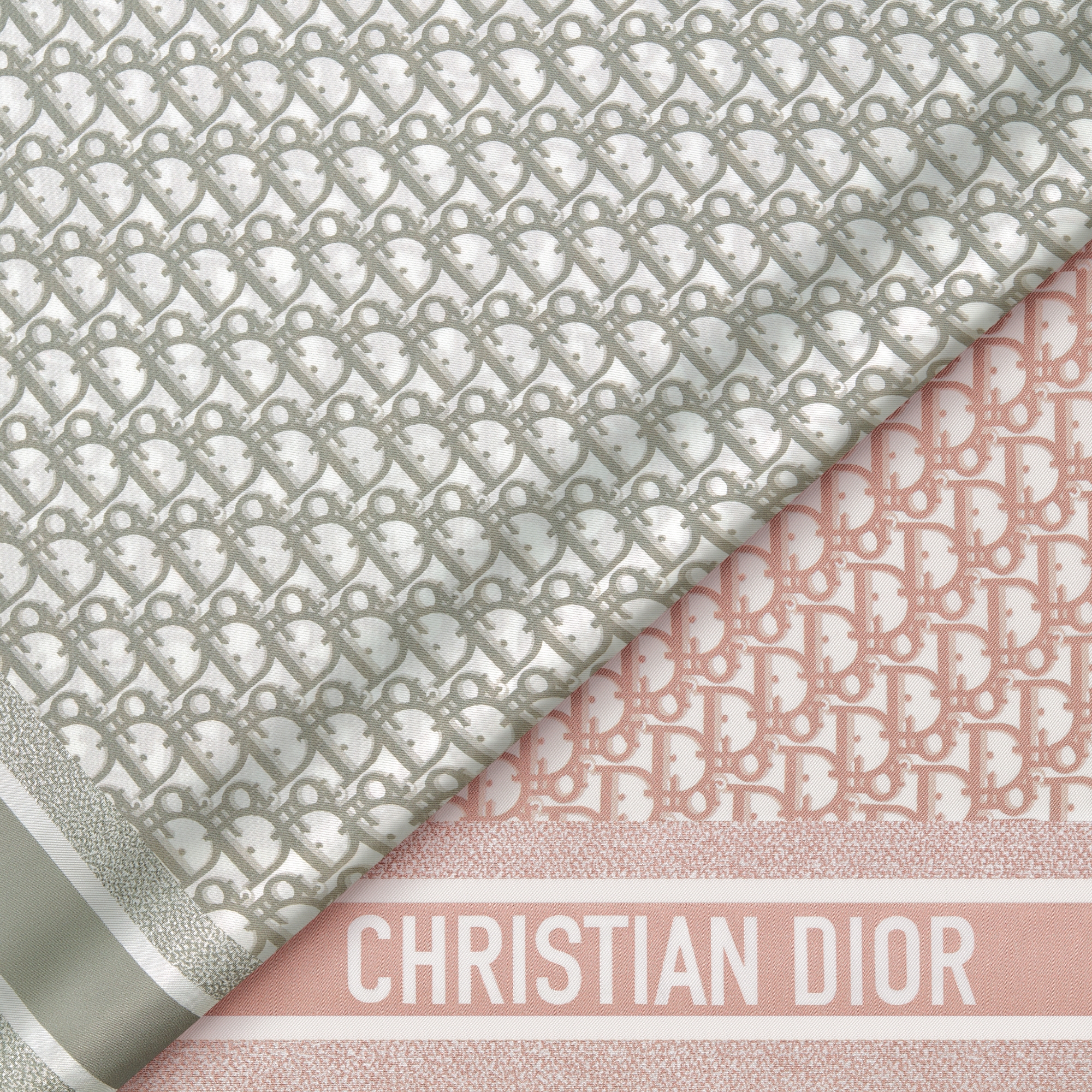 Quadratisches Dior Oblique Diortwin 90 Tuch Seidentwill in Rose des Vents und Grau E09