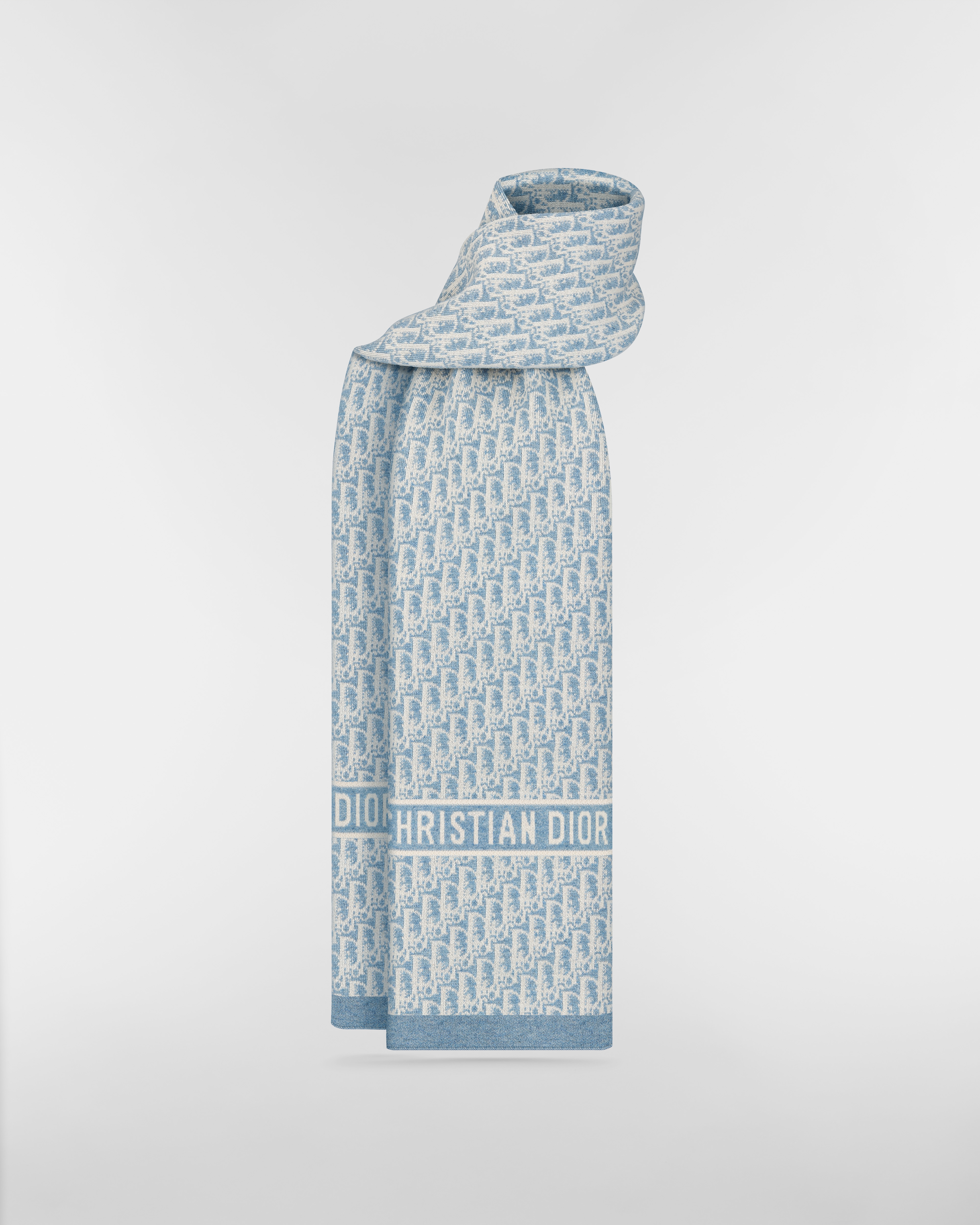 DiorAlps 围巾 米白色和水洗蓝山羊绒混纺嵌花编织提花面料 Oblique 印花 E01
