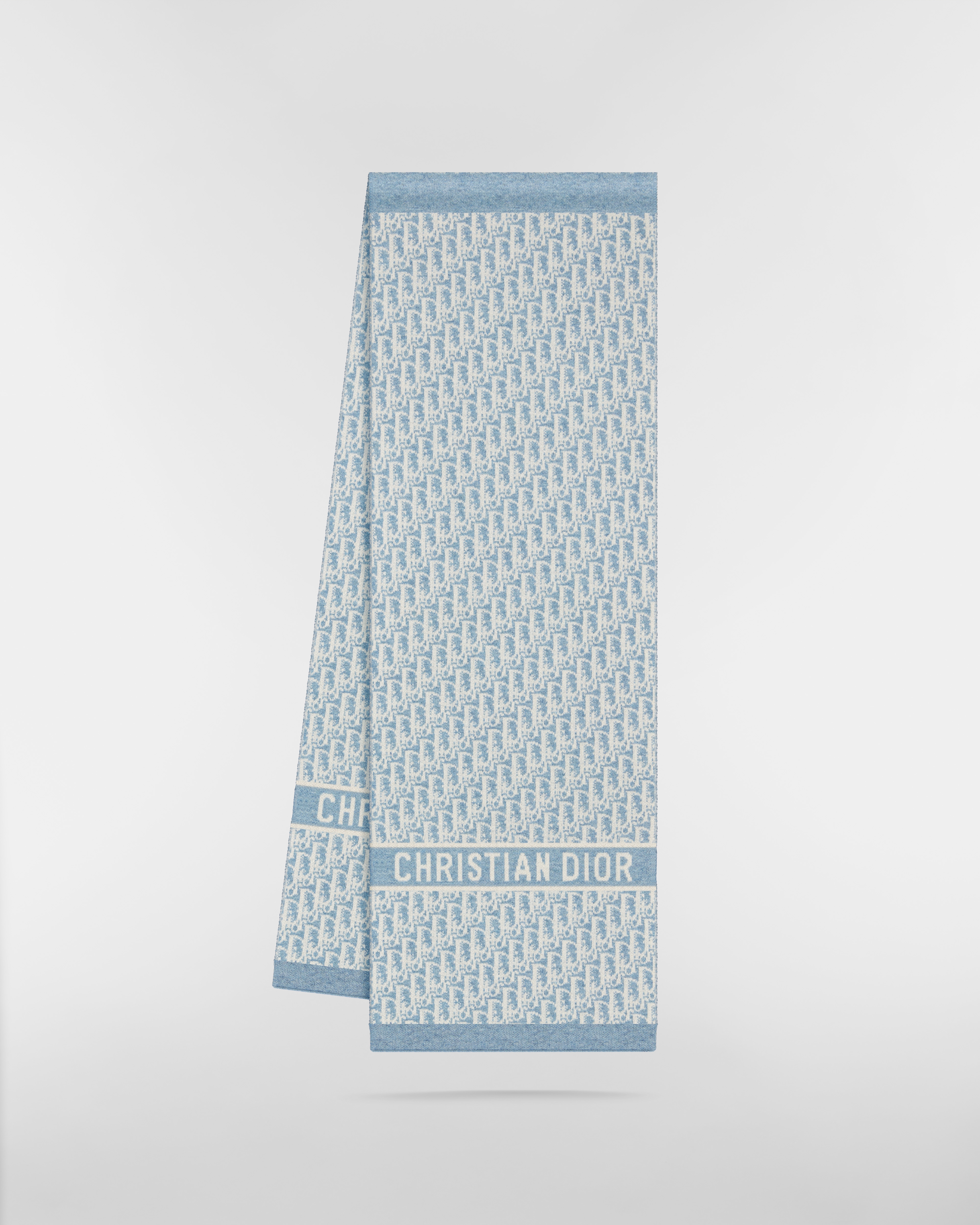 DiorAlps 围巾 米白色和水洗蓝山羊绒混纺嵌花编织提花面料 Oblique 印花 E03