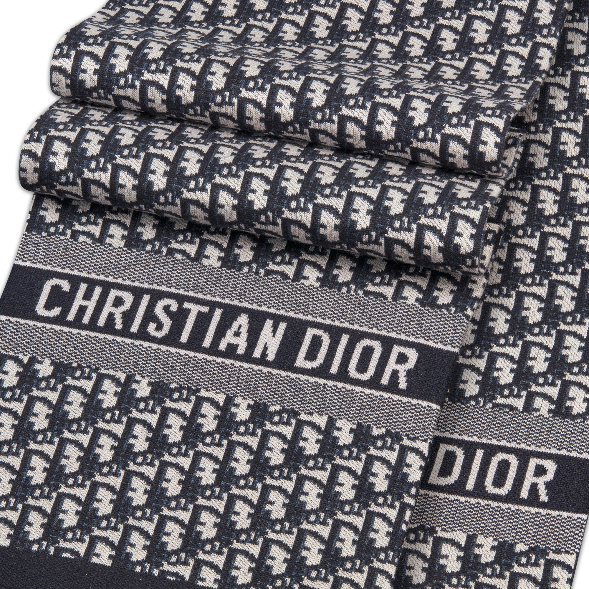 DiorAlps Dior Oblique Scarf Ecru and Navy Blue Cashmere-Blend Intarsia Jacquard E09