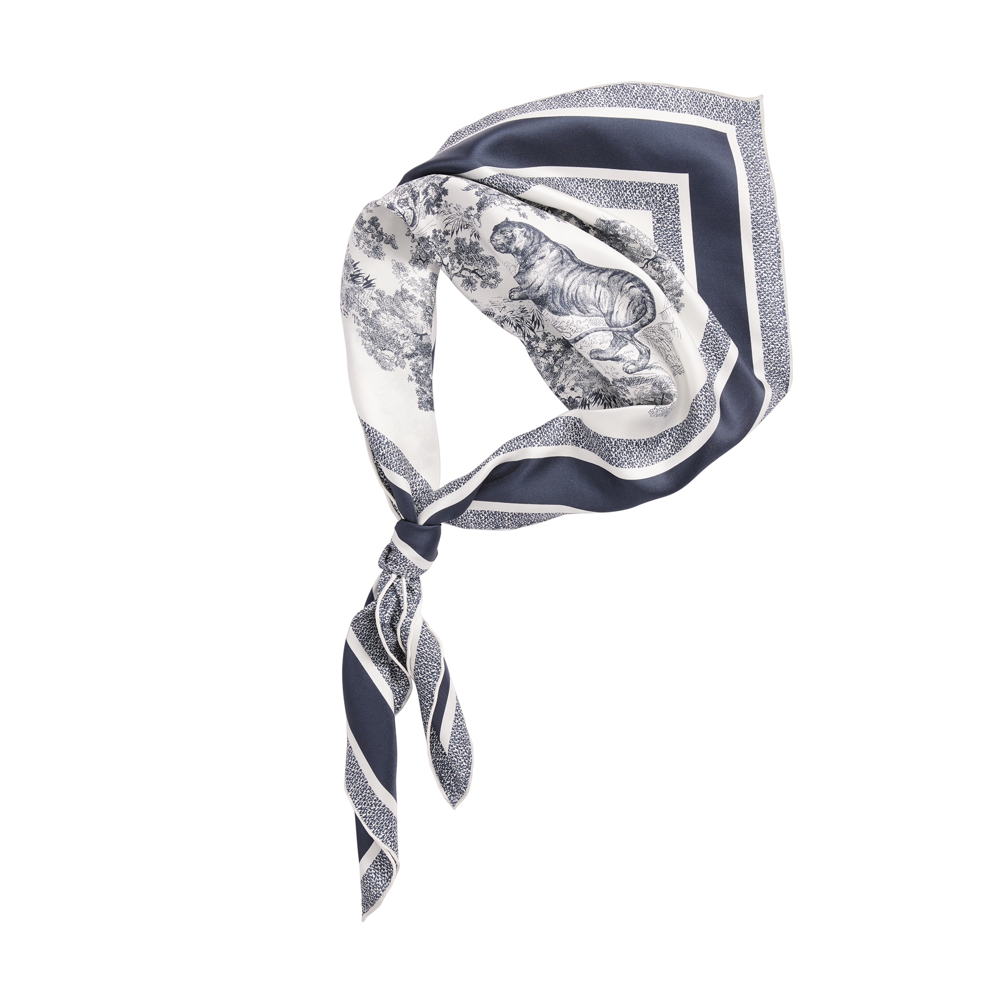 Toile de Jouy Sauvage 90 Square Scarf Ivory and Navy Blue Silk Twill E11