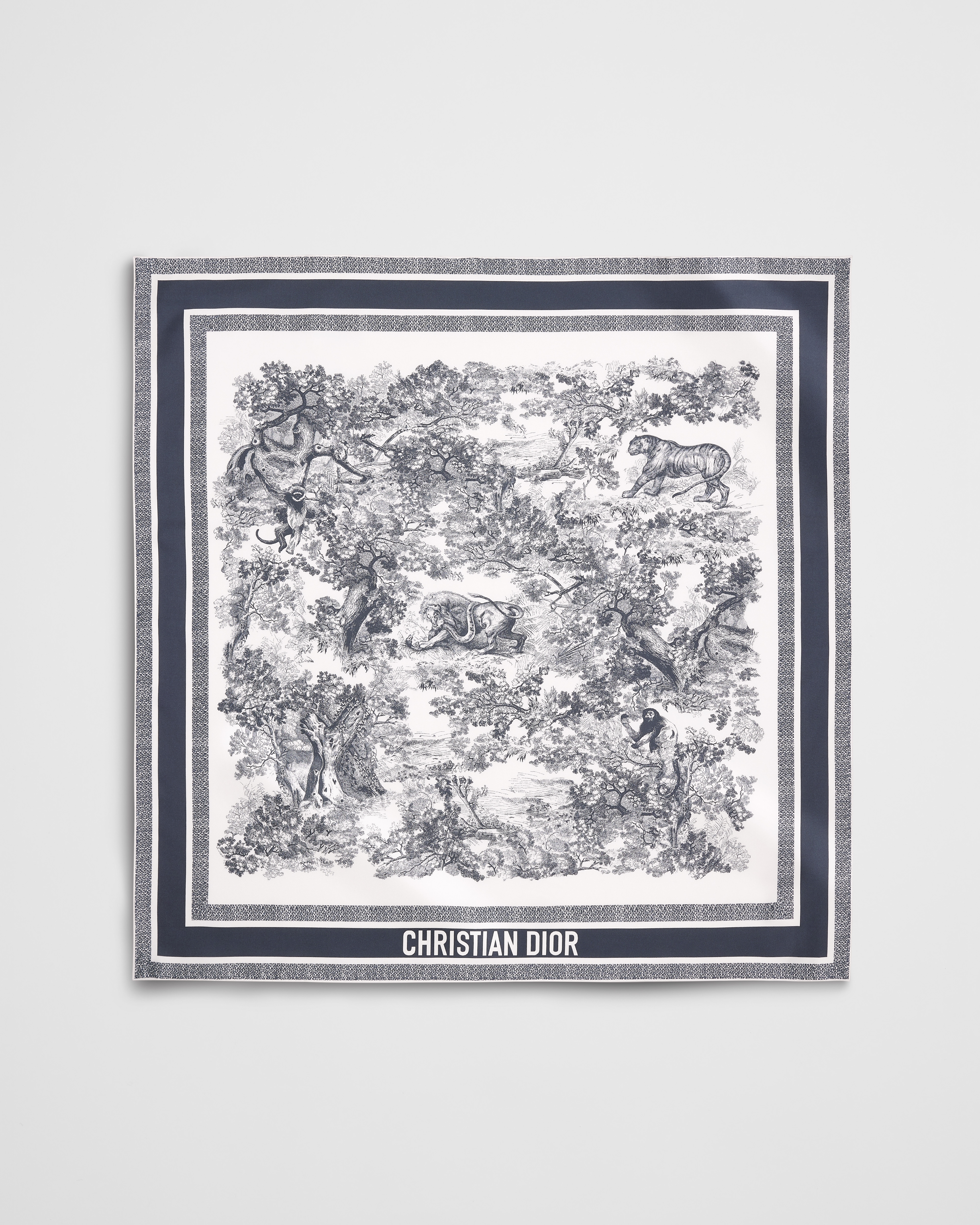 Toile de Jouy Sauvage 90 Square Scarf Ivory and Navy Blue Silk Twill E01