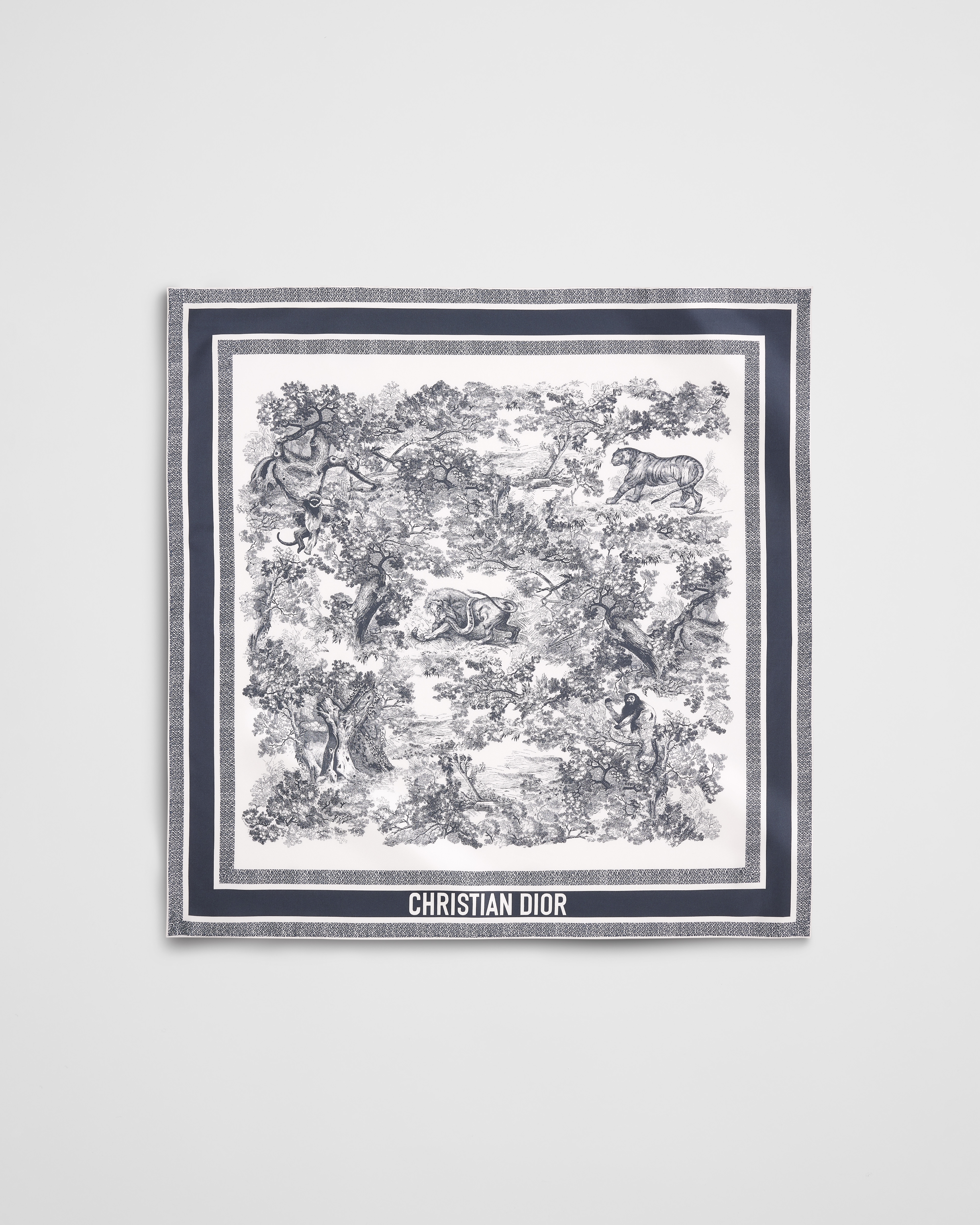 Toile de Jouy Sauvage 90 Square Scarf Ivory and Navy Blue Silk Twill E01