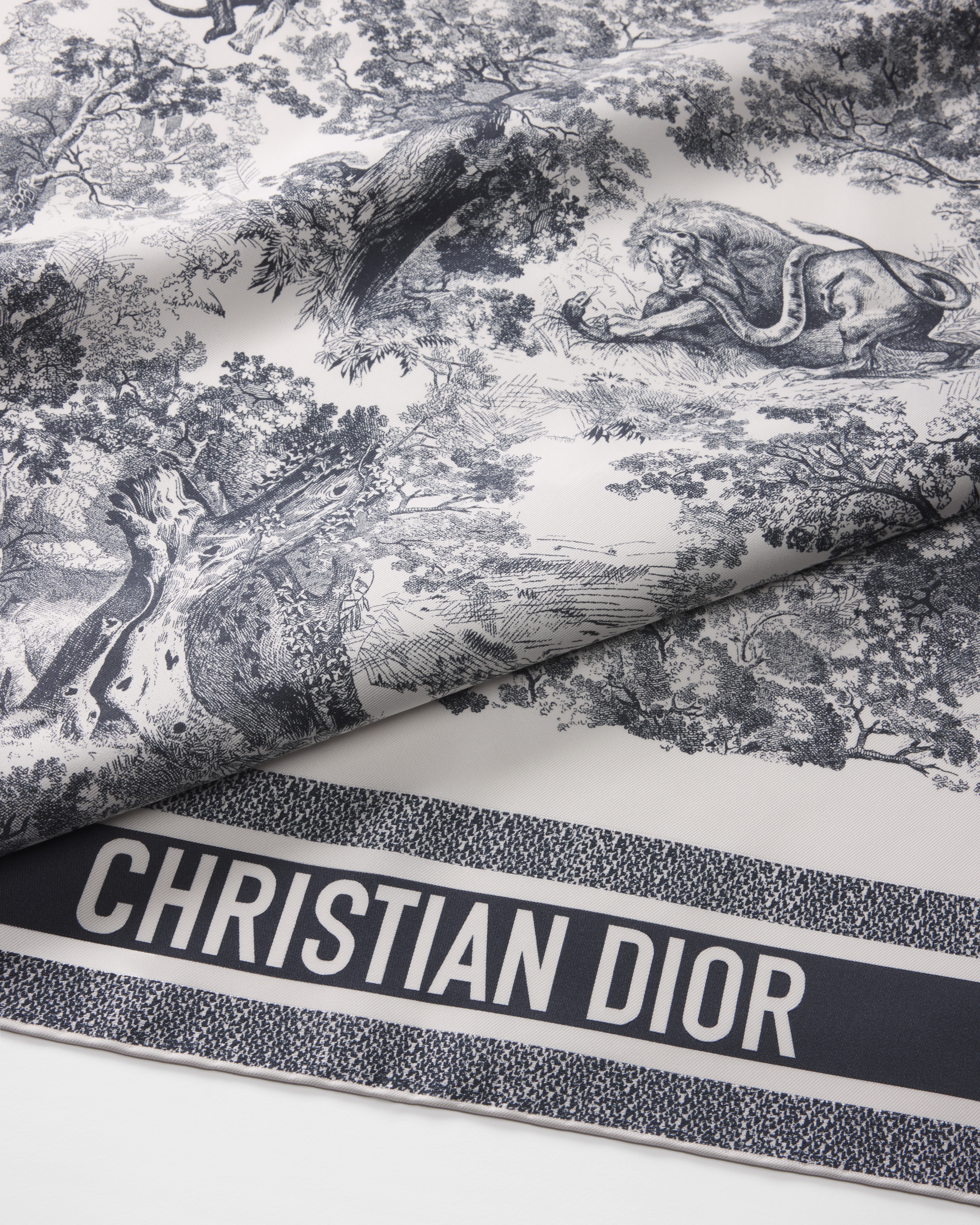 Toile de Jouy Sauvage 90 Square Scarf Ivory and Navy Blue Silk Twill E09