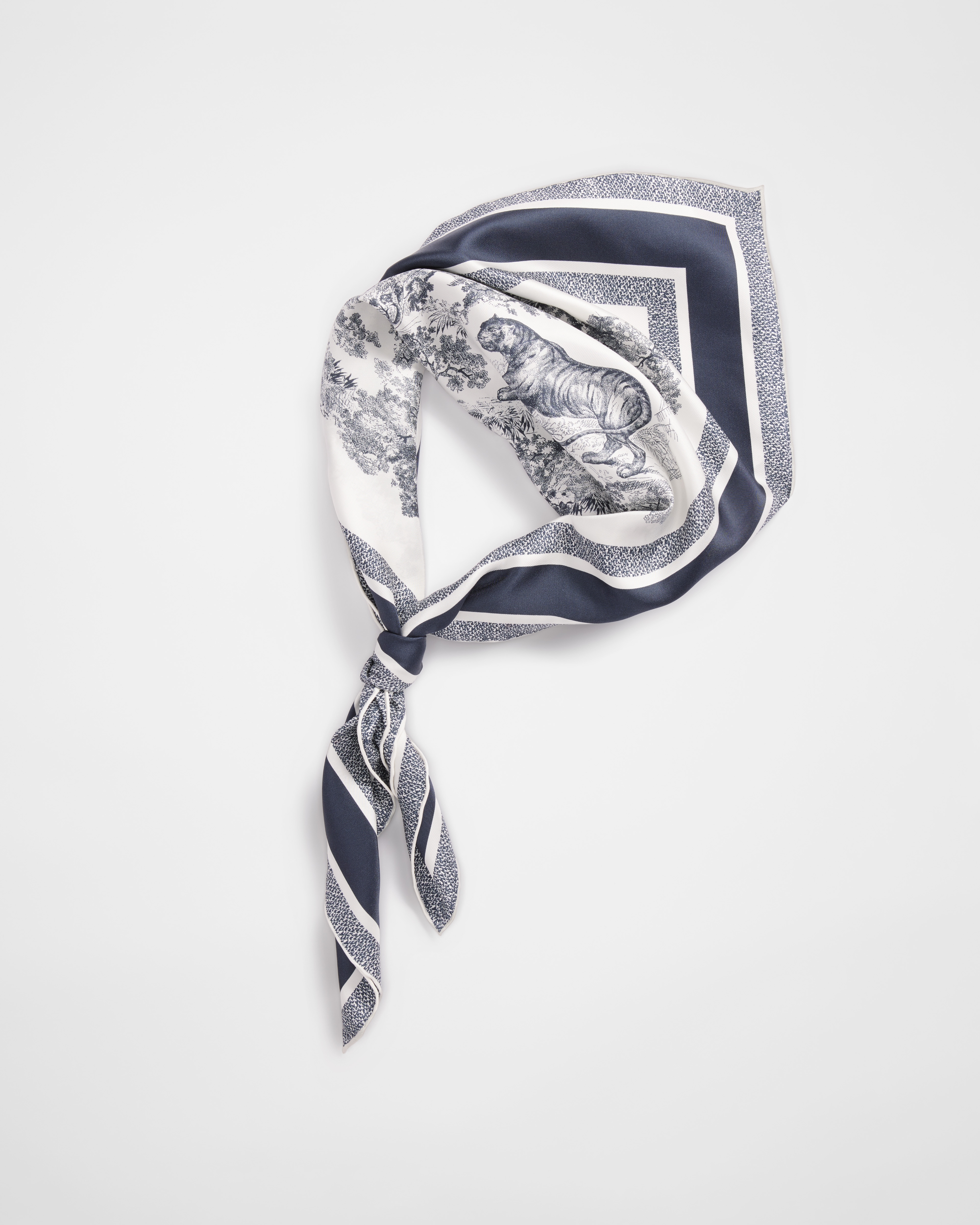 Toile de Jouy Sauvage 90 Square Scarf Ivory and Navy Blue Silk Twill E11