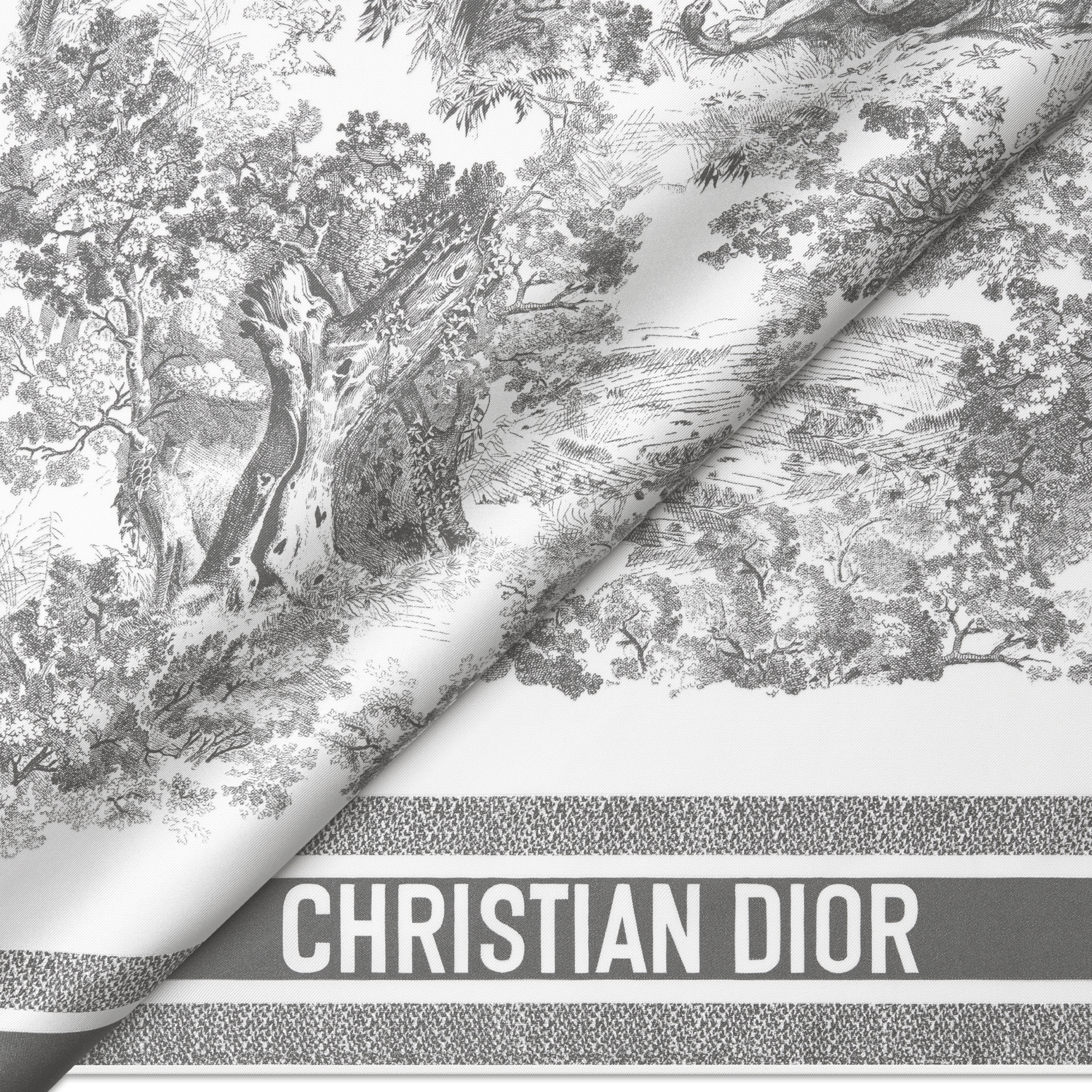 Toile de Jouy Sauvage 90 Square Scarf Ivory and Gray Silk Twill E09