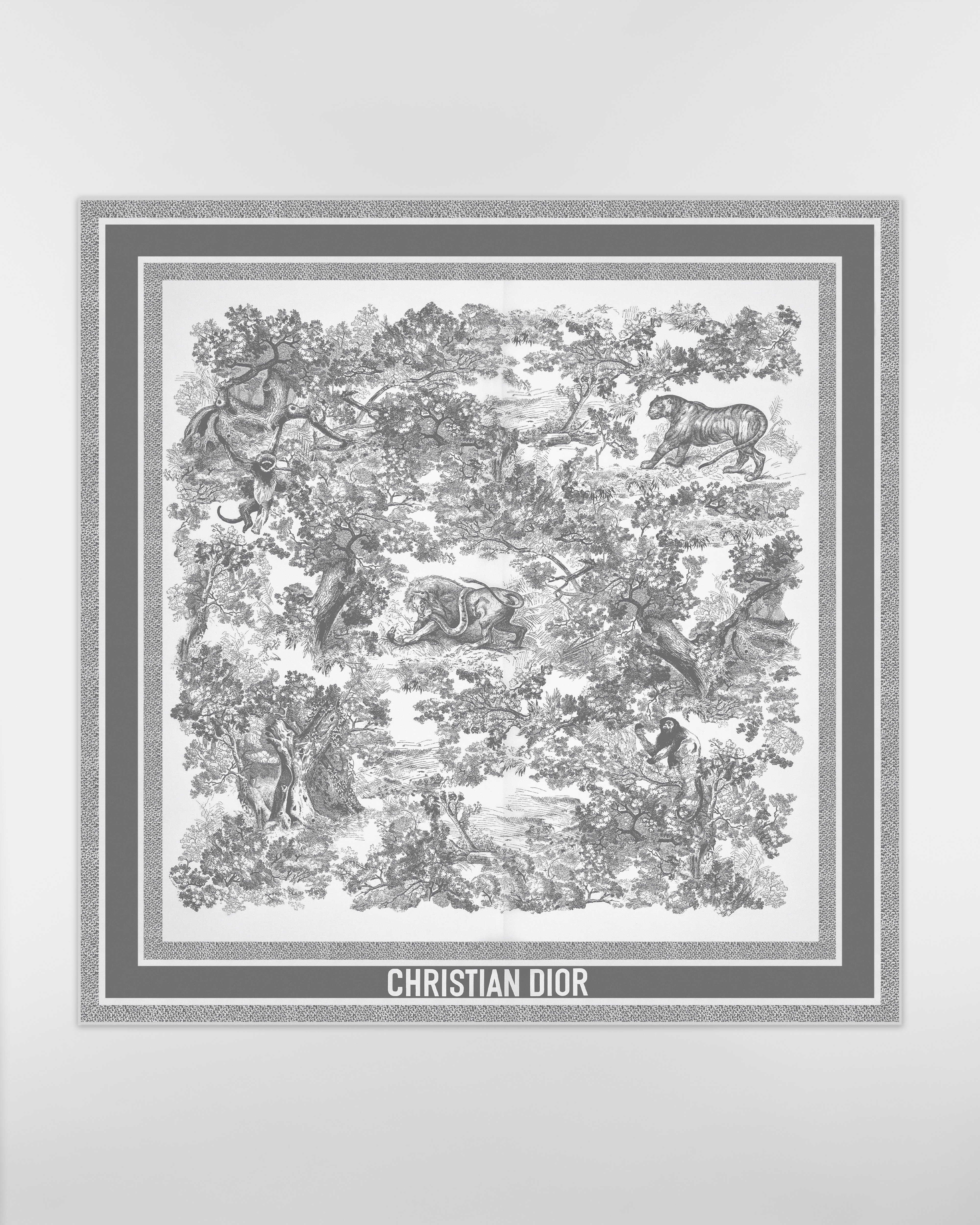 Carré 90 Toile de Jouy Sauvage Twill de soie ivoire et gris