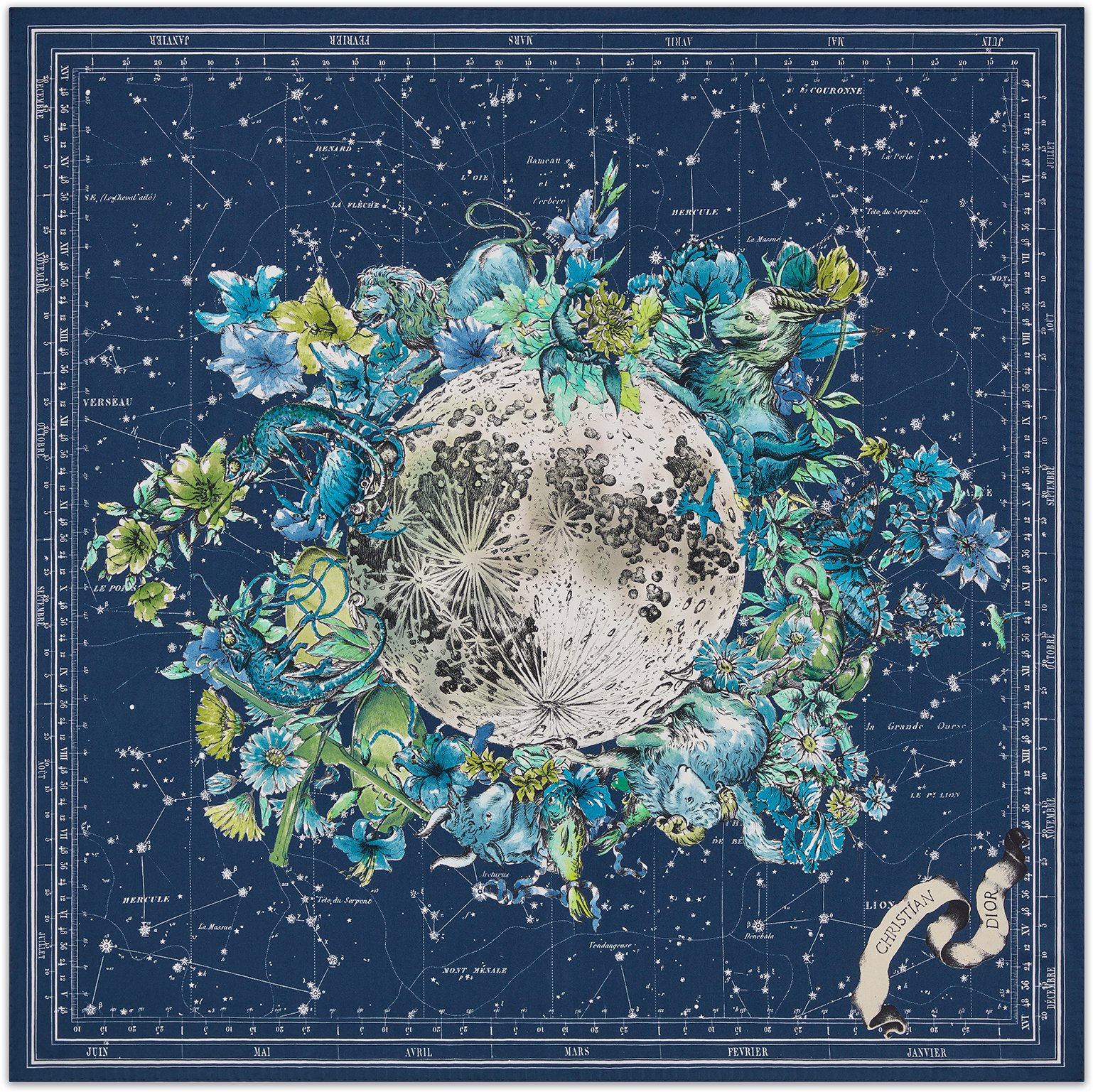 DIOR Zodiac 90 Square Scarf White Silk Twill Women