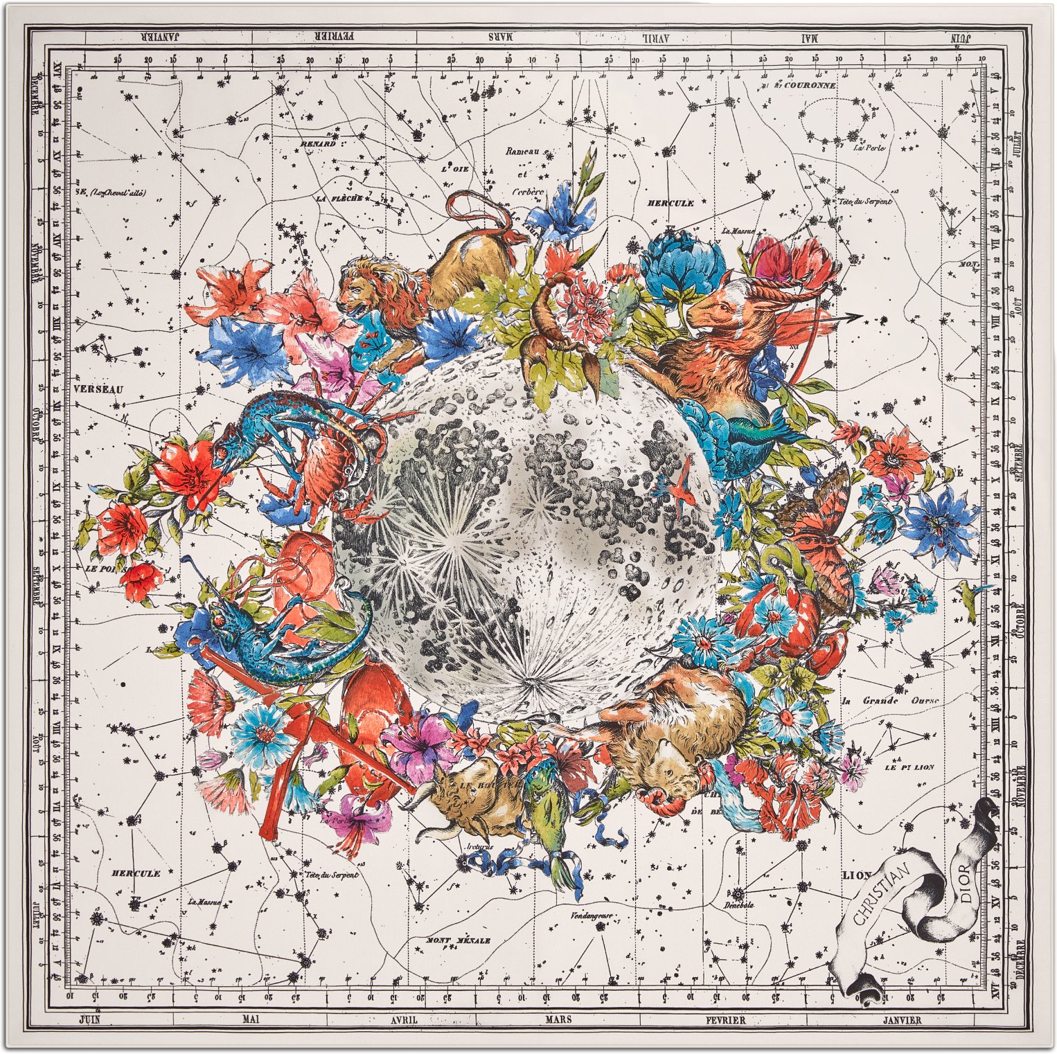 DIOR Zodiac 90 Square Scarf White Silk Twill Women