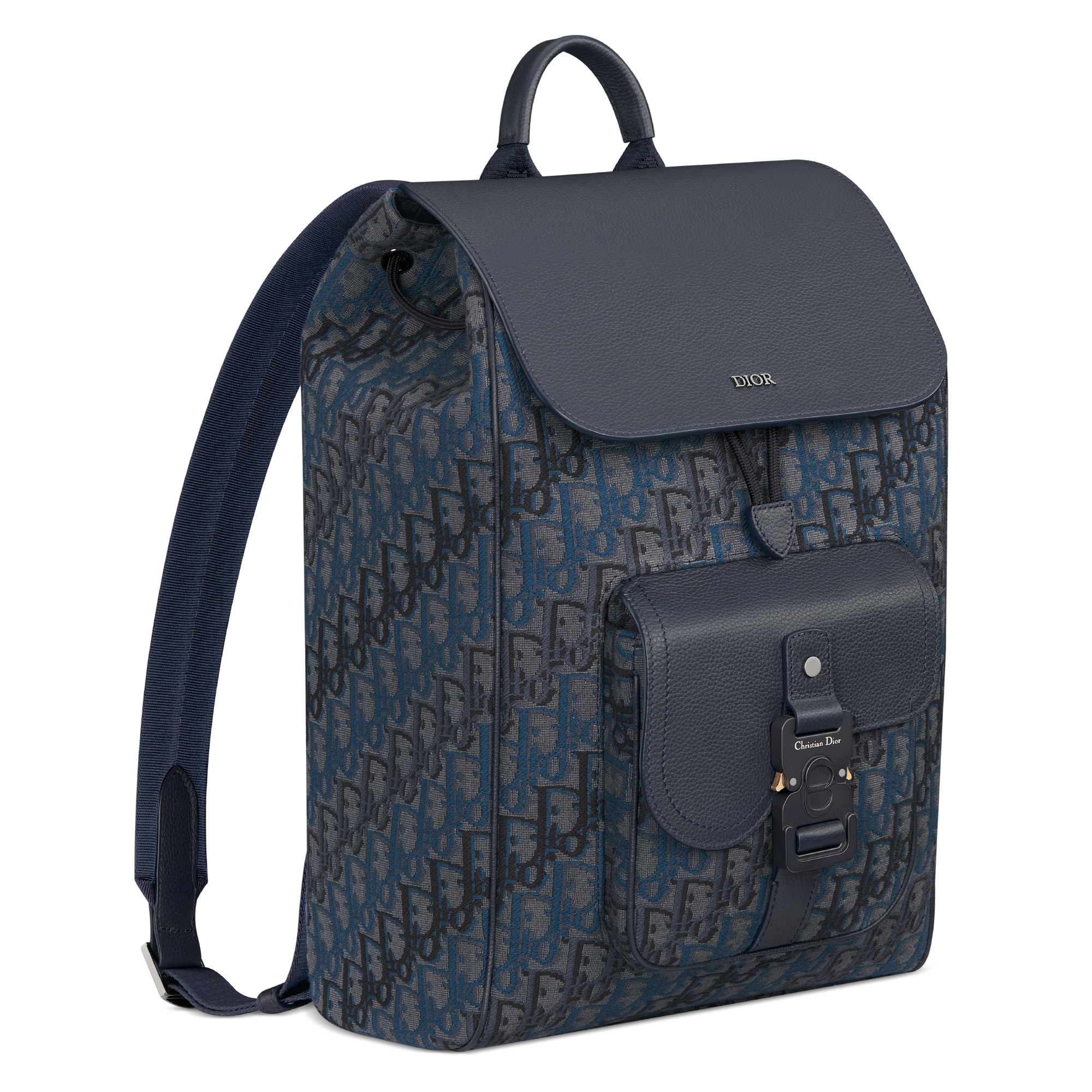 Saddle Backpack with Flap Deep Blue Dior Oblique Trio Jacquard and Deep Blue Grained Calfskin E03