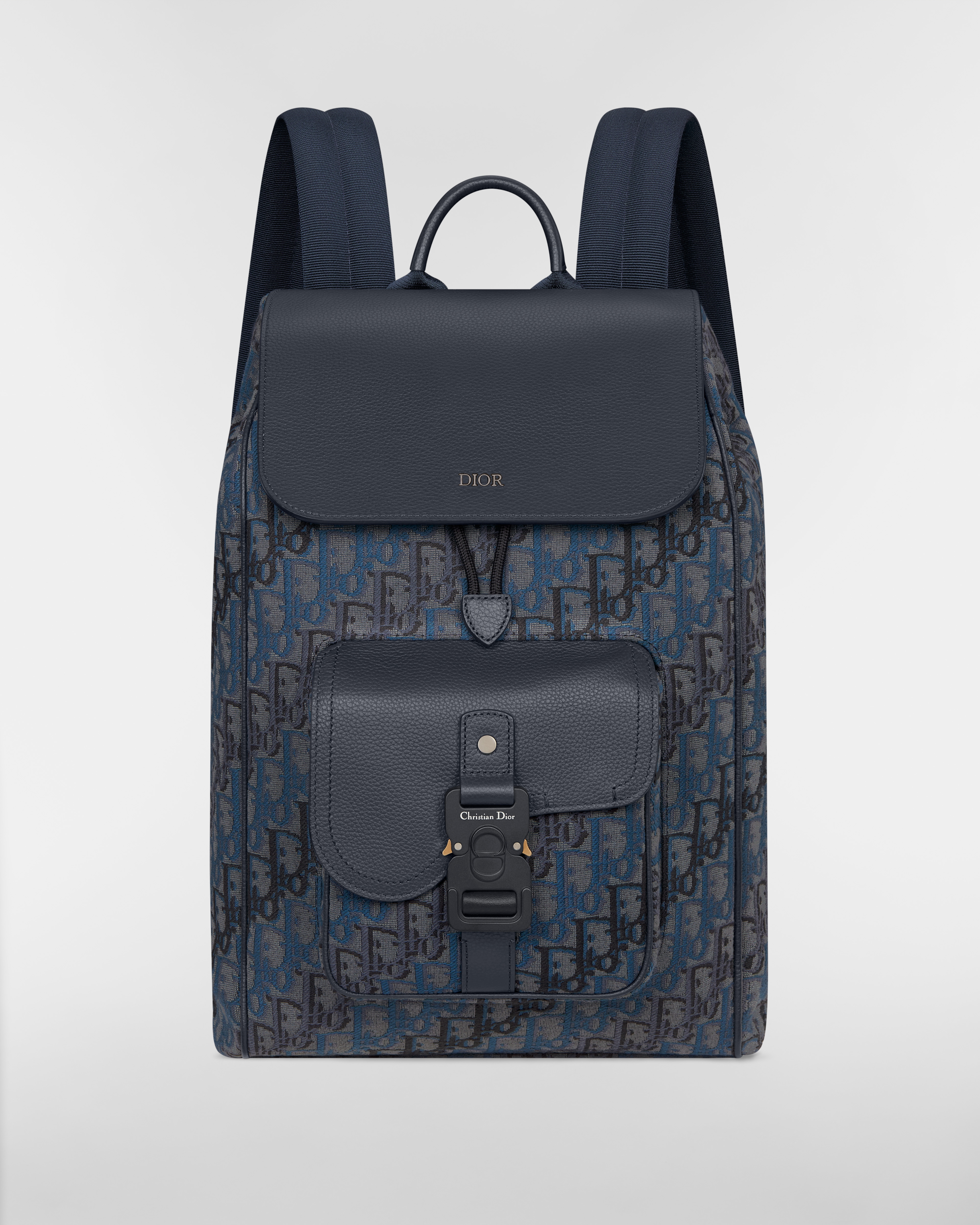 Saddle-rugzak met flap Diepblauwe Dior Oblique Trio-jacquard en diepblauw generfd kalfsleer E01