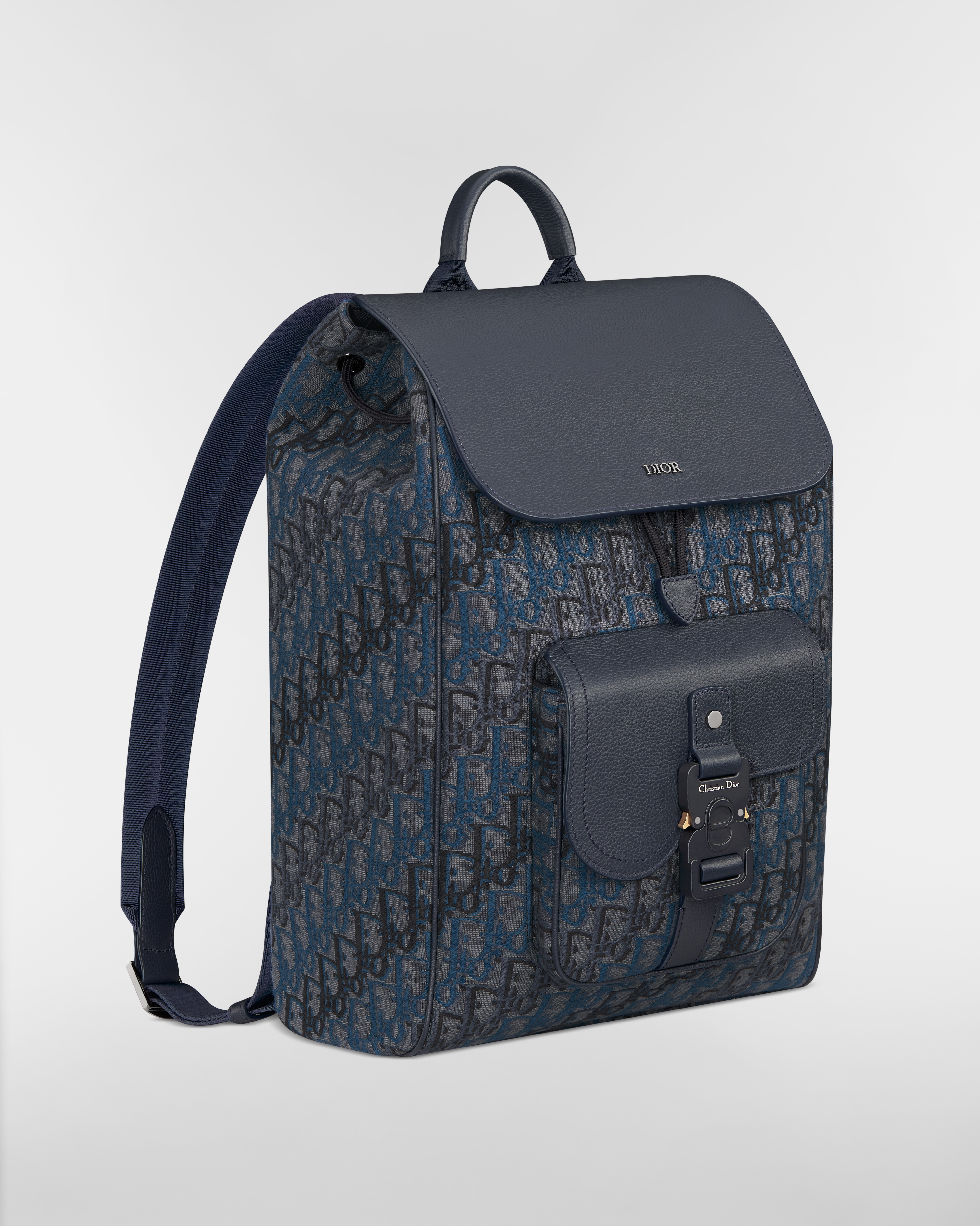 Saddle-rugzak met flap Diepblauwe Dior Oblique Trio-jacquard en diepblauw generfd kalfsleer E03