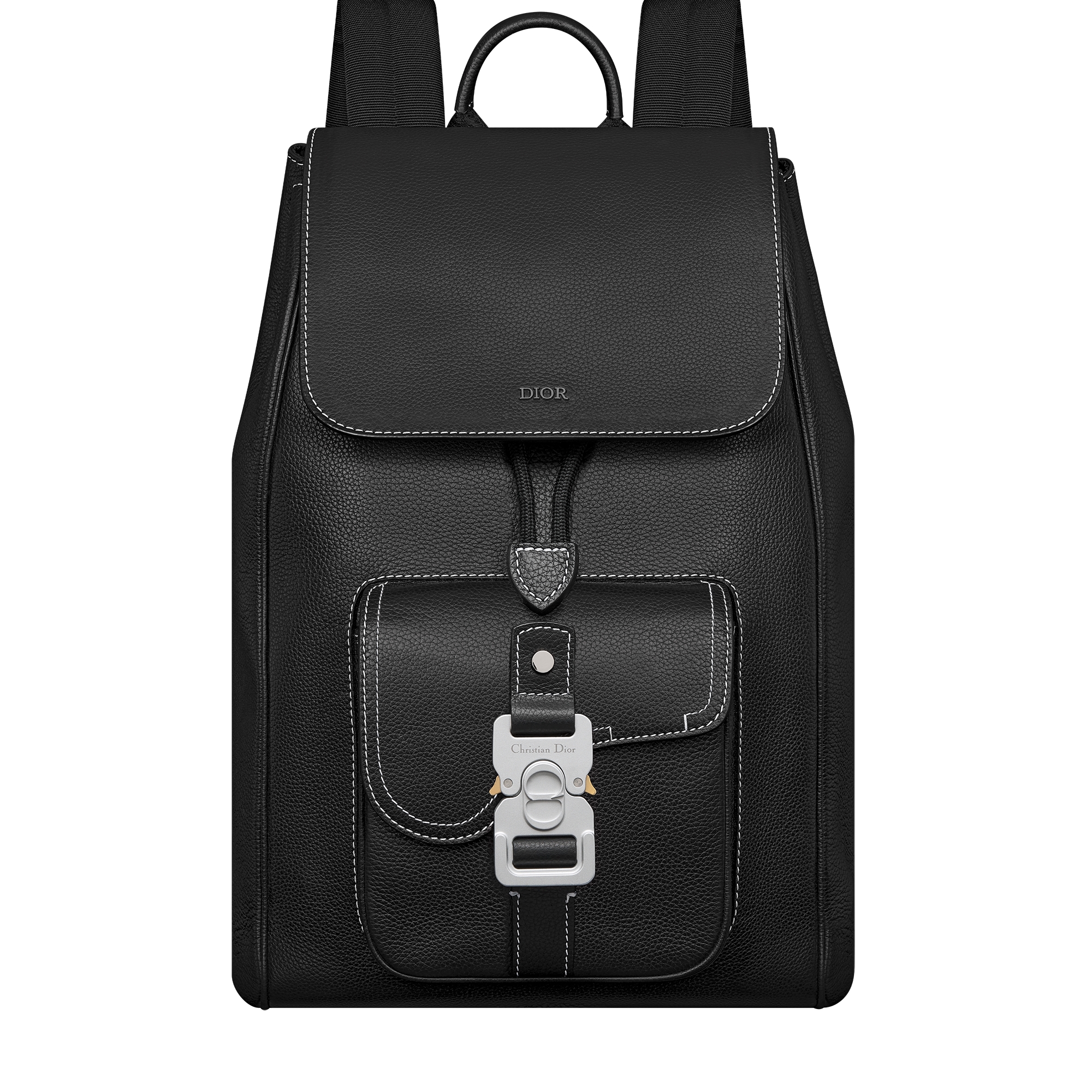 Saddle Backpack with Flap Black Grained Calfskin with Contrasting Topstitching E01