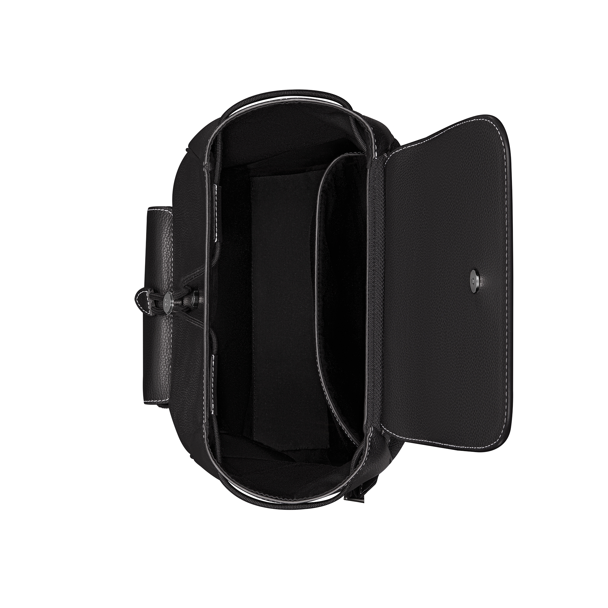 Saddle Backpack with Flap Black Grained Calfskin with Contrasting Topstitching E06