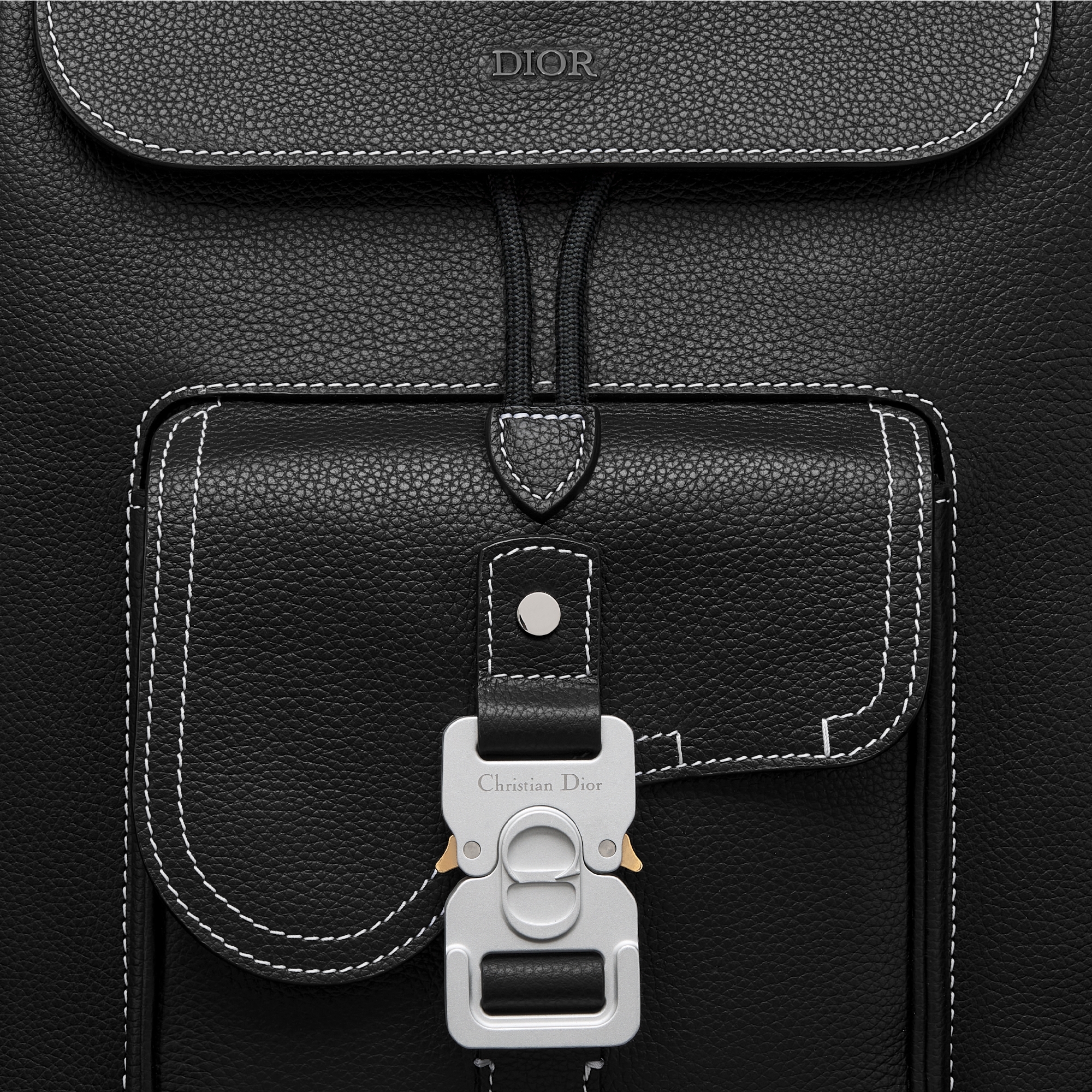 Saddle Backpack with Flap Black Grained Calfskin with Contrasting Topstitching E09