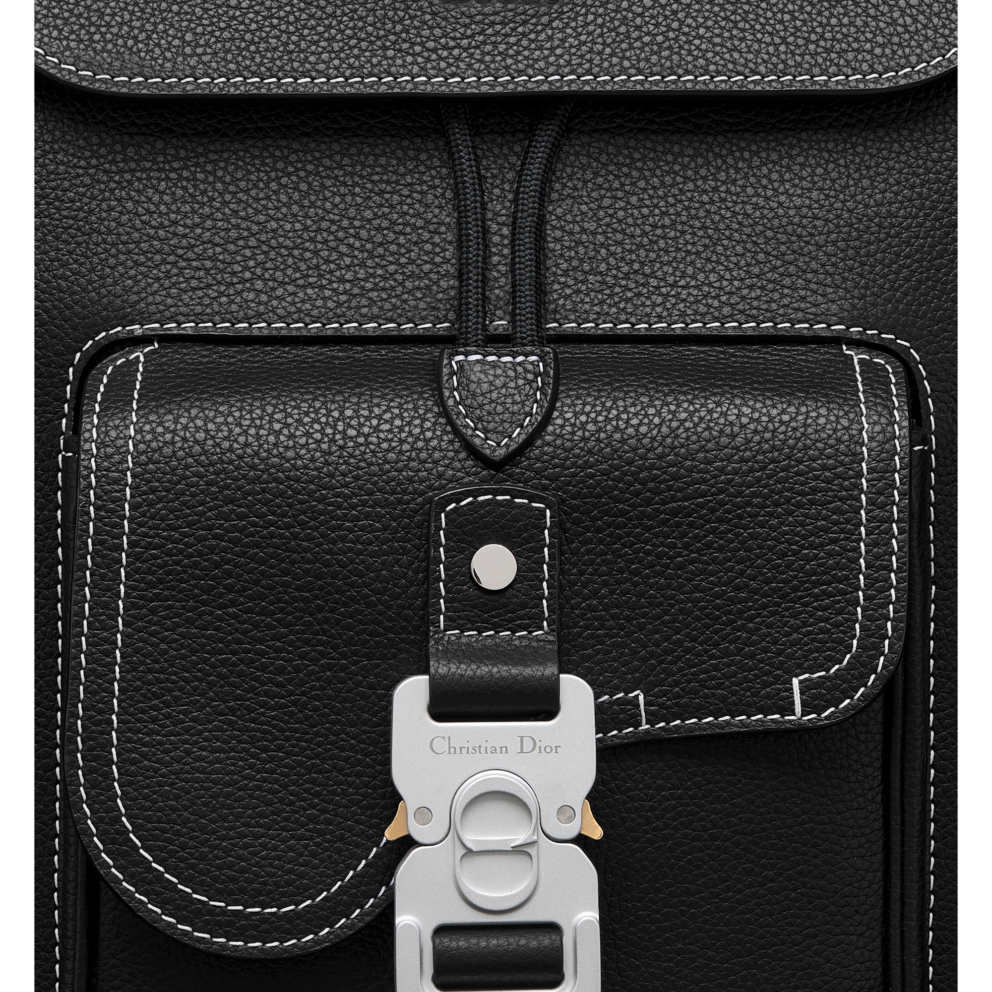 Saddle Backpack with Flap Black Grained Calfskin with Contrasting Topstitching E09