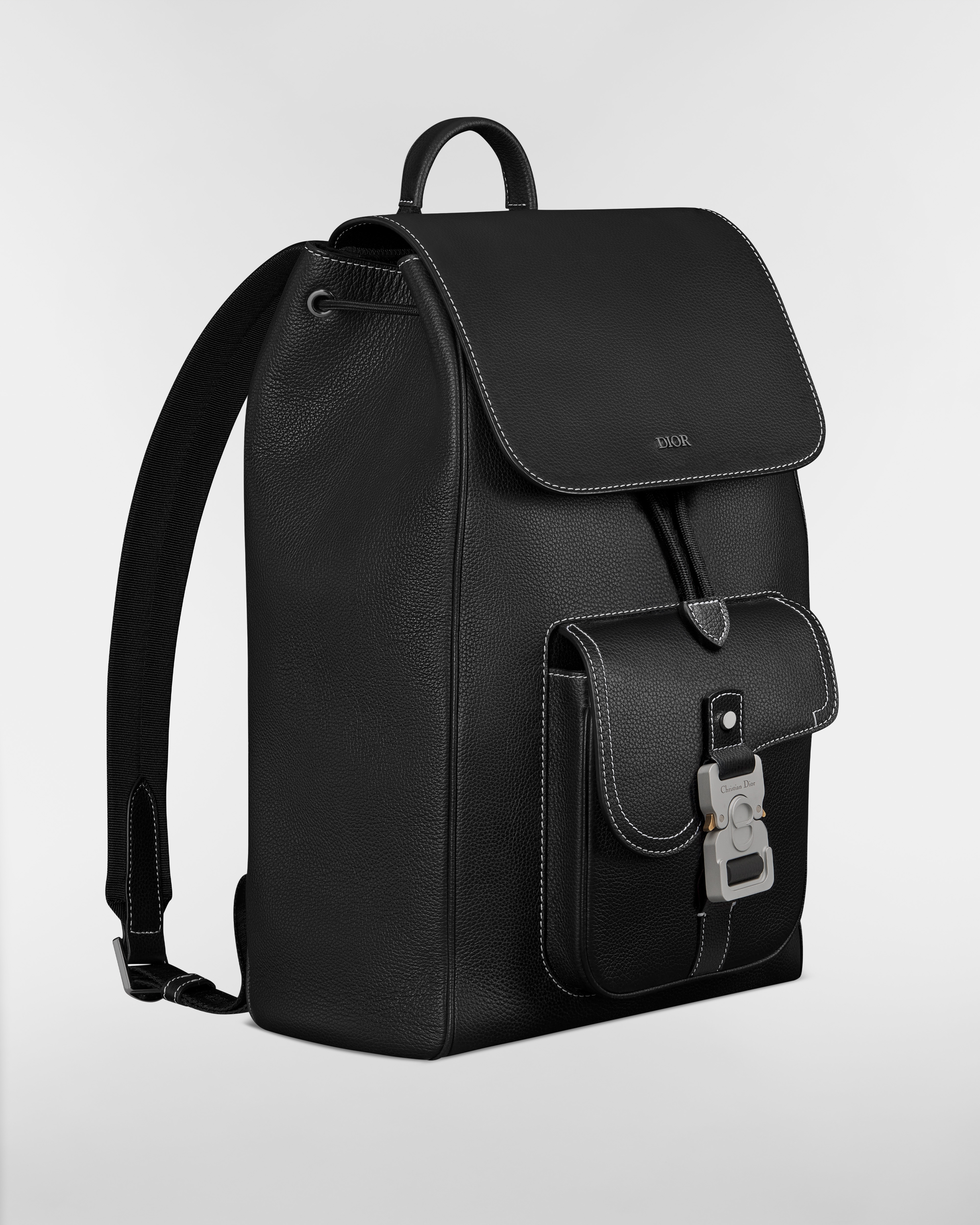 Saddle Backpack with Flap Black Grained Calfskin with Contrasting Topstitching E03
