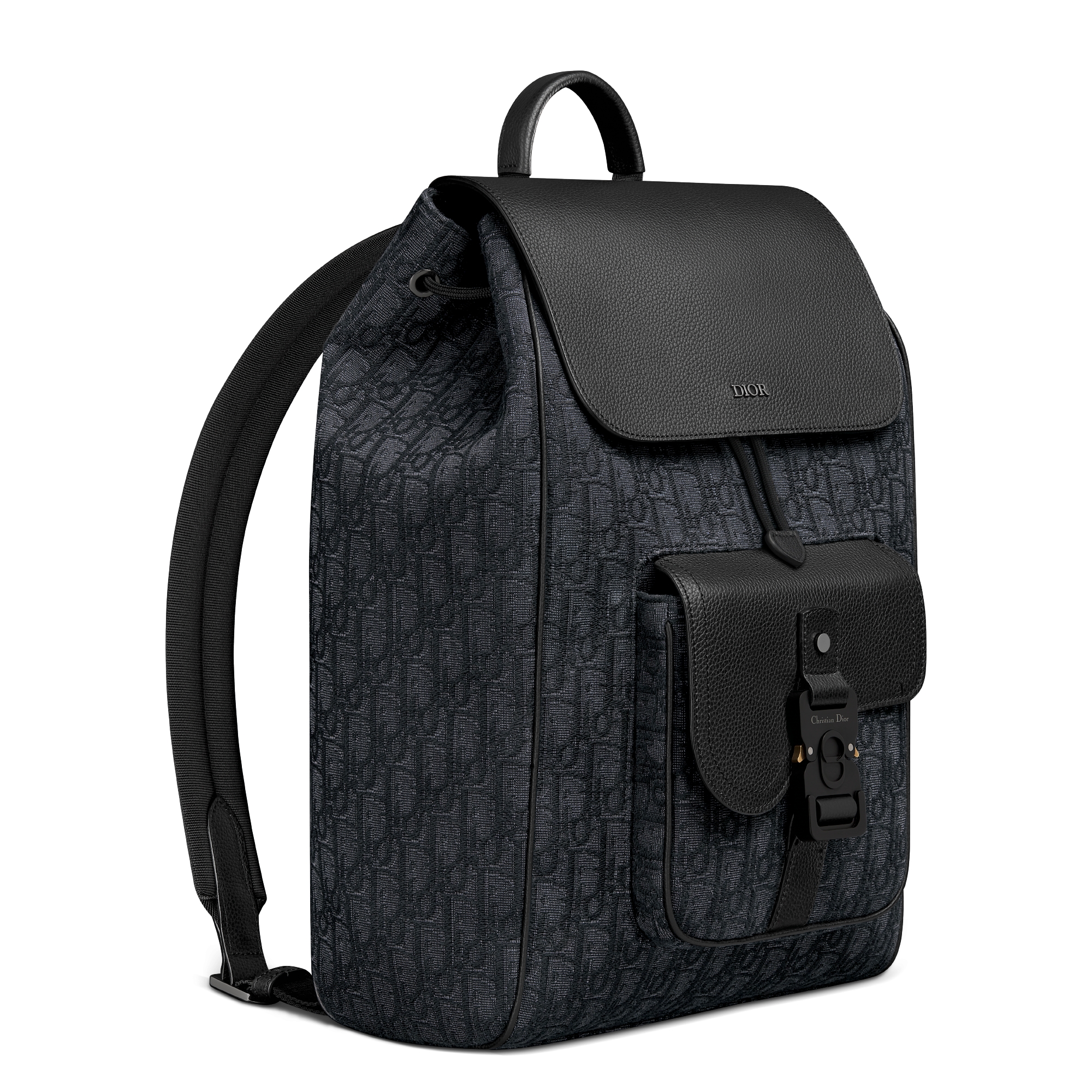 Saddle-rugzak met flap Zwarte Dior Oblique-jacquard en zwart generfd kalfsleer E03