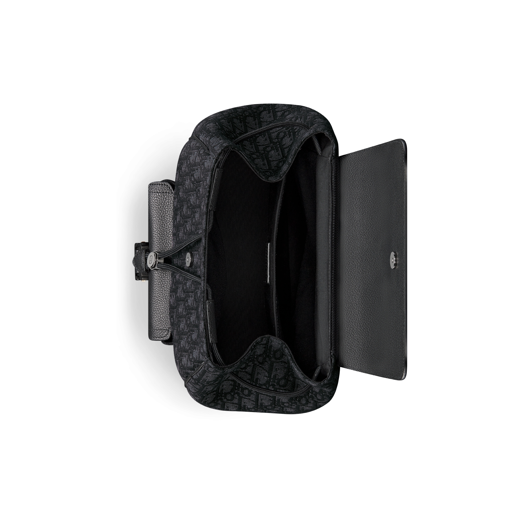 Saddle-rugzak met flap Zwarte Dior Oblique-jacquard en zwart generfd kalfsleer E06