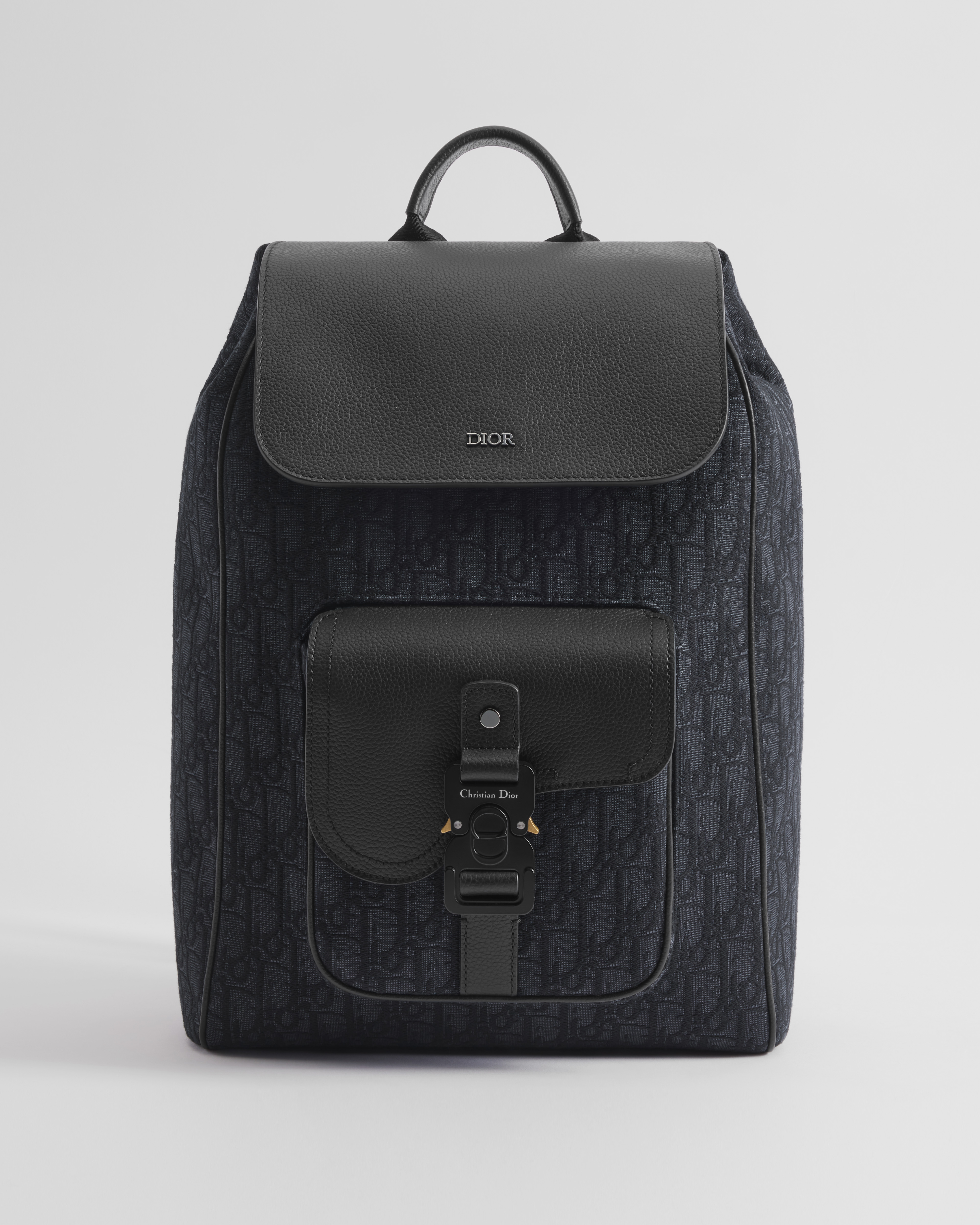 Sac à dos à rabat Saddle Toile jacquard Dior Oblique noir et cuir de veau grainé noir E01