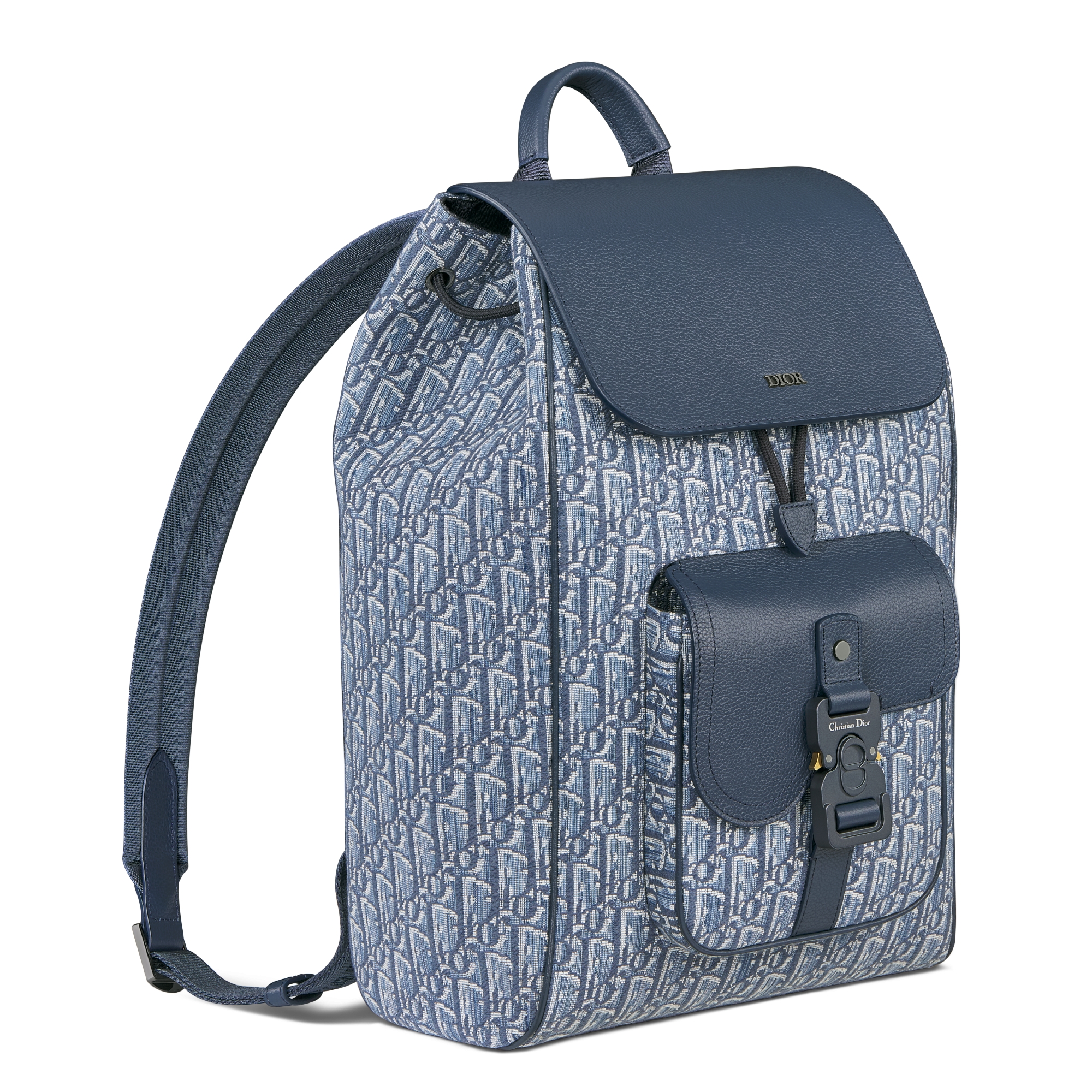 Saddle-rugzak met flap Blauwe Dior Oblique-jacquard en blauw generfd kalfsleer E03