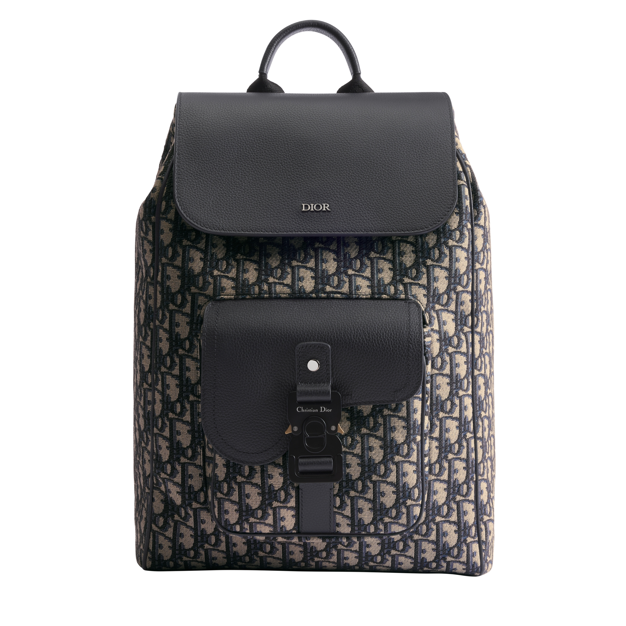 Saddle Backpack with Flap Beige and Black Dior Oblique Jacquard with Black Grained Calfskin E01