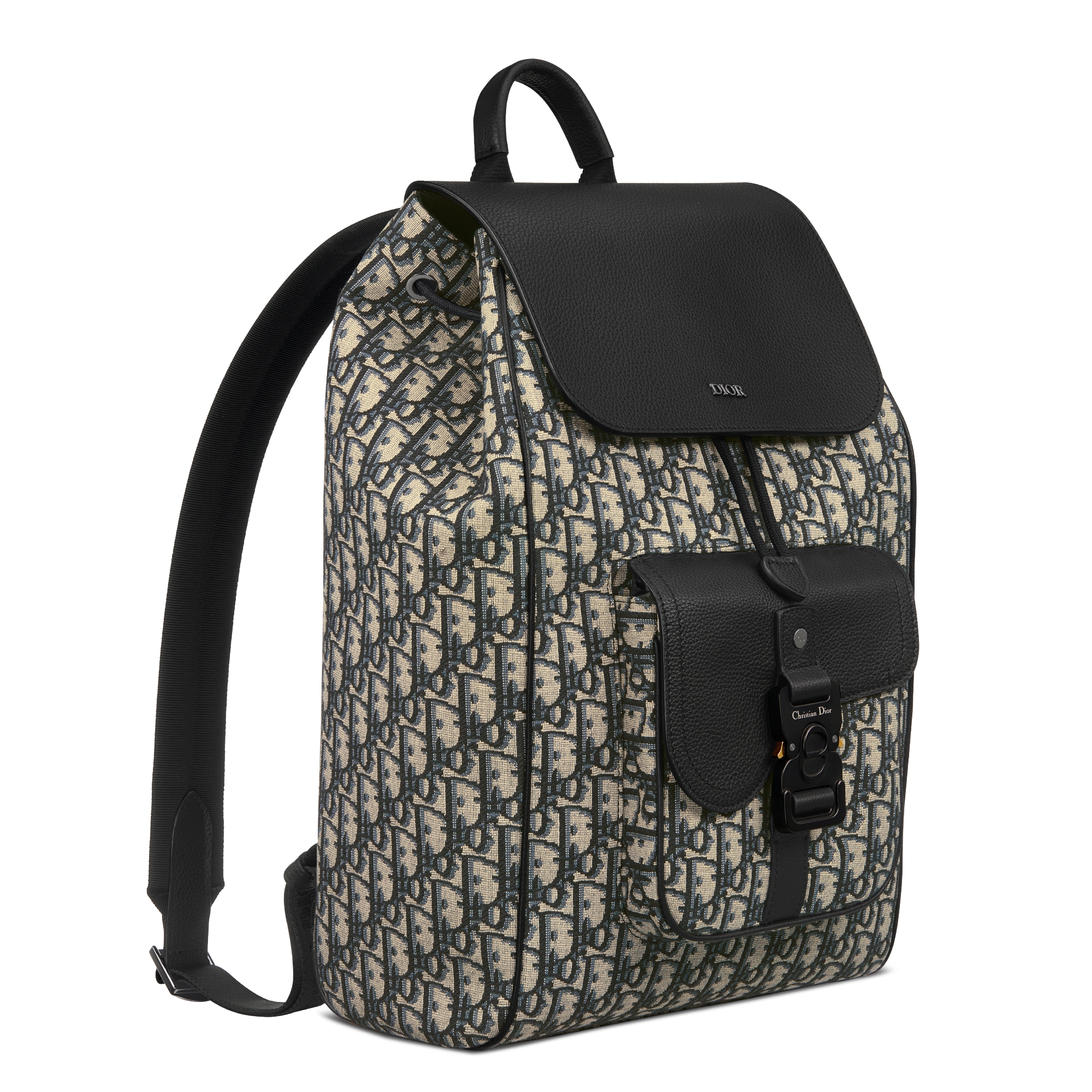 Saddle Rucksack mit Umschlagklappe Dior Oblique Jacquard in Beige und Schwarz und genarbtes Kalbsleder in Schwarz E03