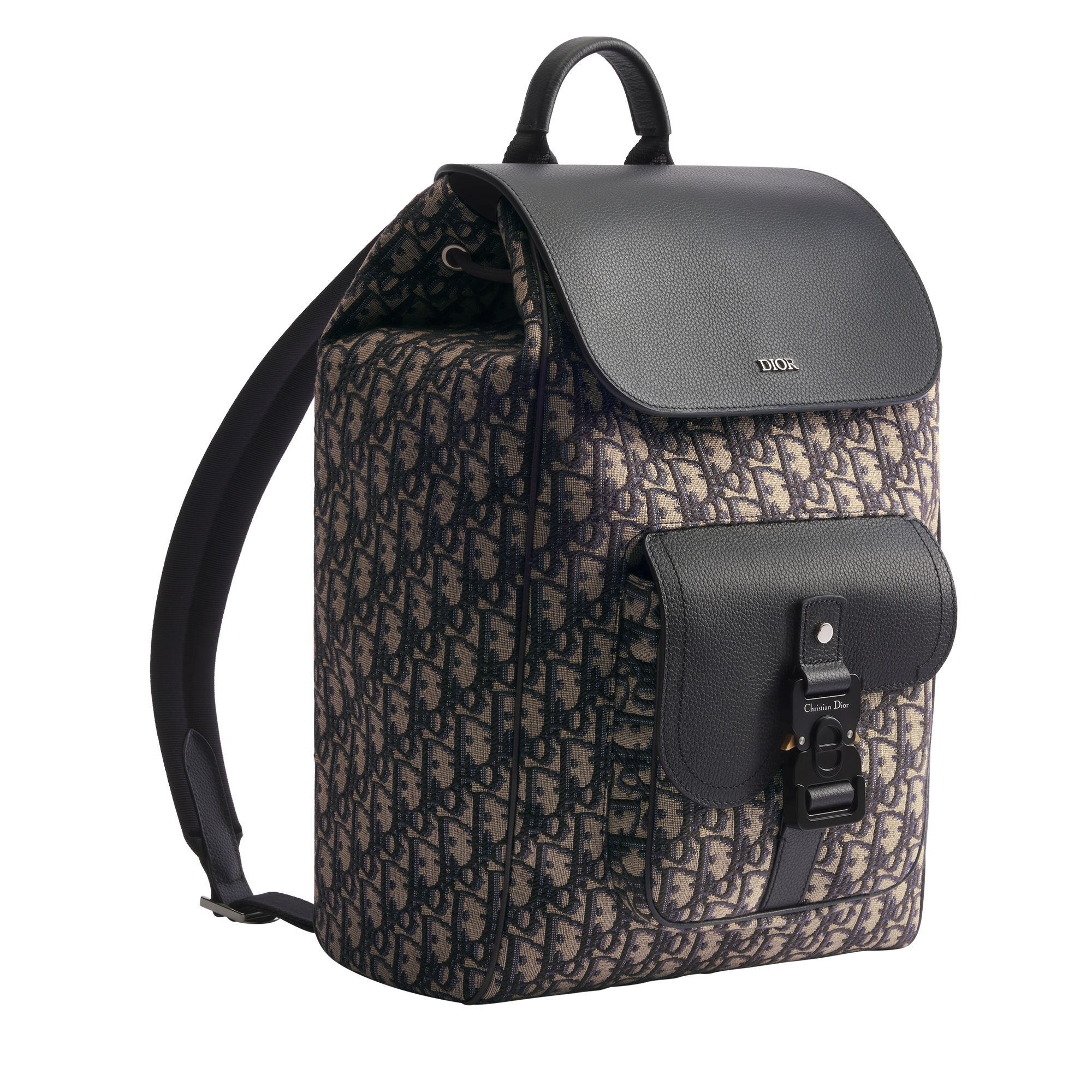 Saddle Backpack with Flap Beige and Black Dior Oblique Jacquard with Black Grained Calfskin E03
