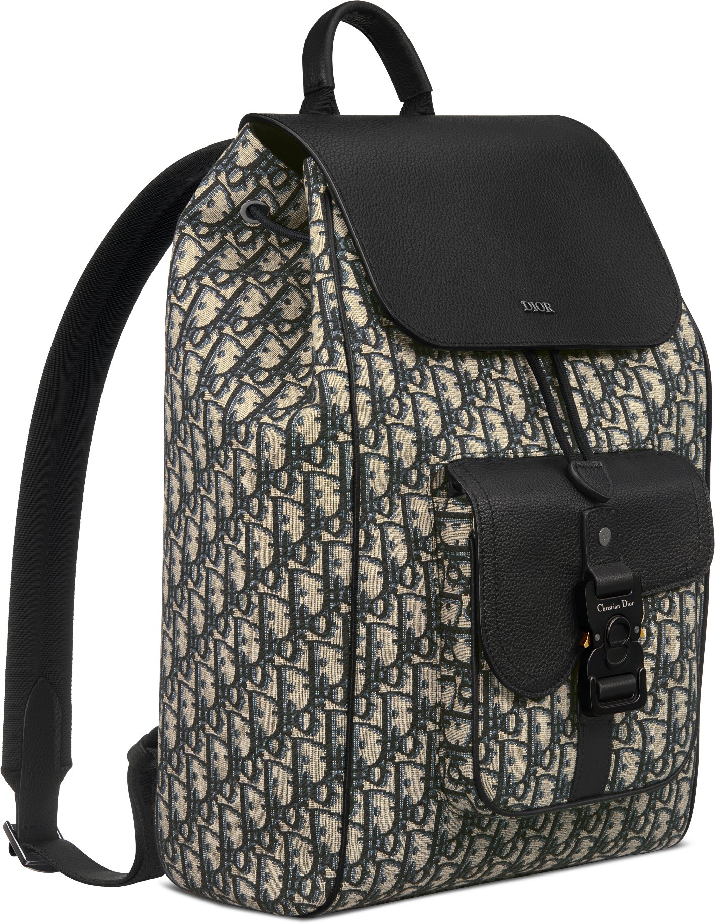 Saddle Backpack with Flap Beige and Black Dior Oblique Jacquard with Black Grained Calfskin DIOR