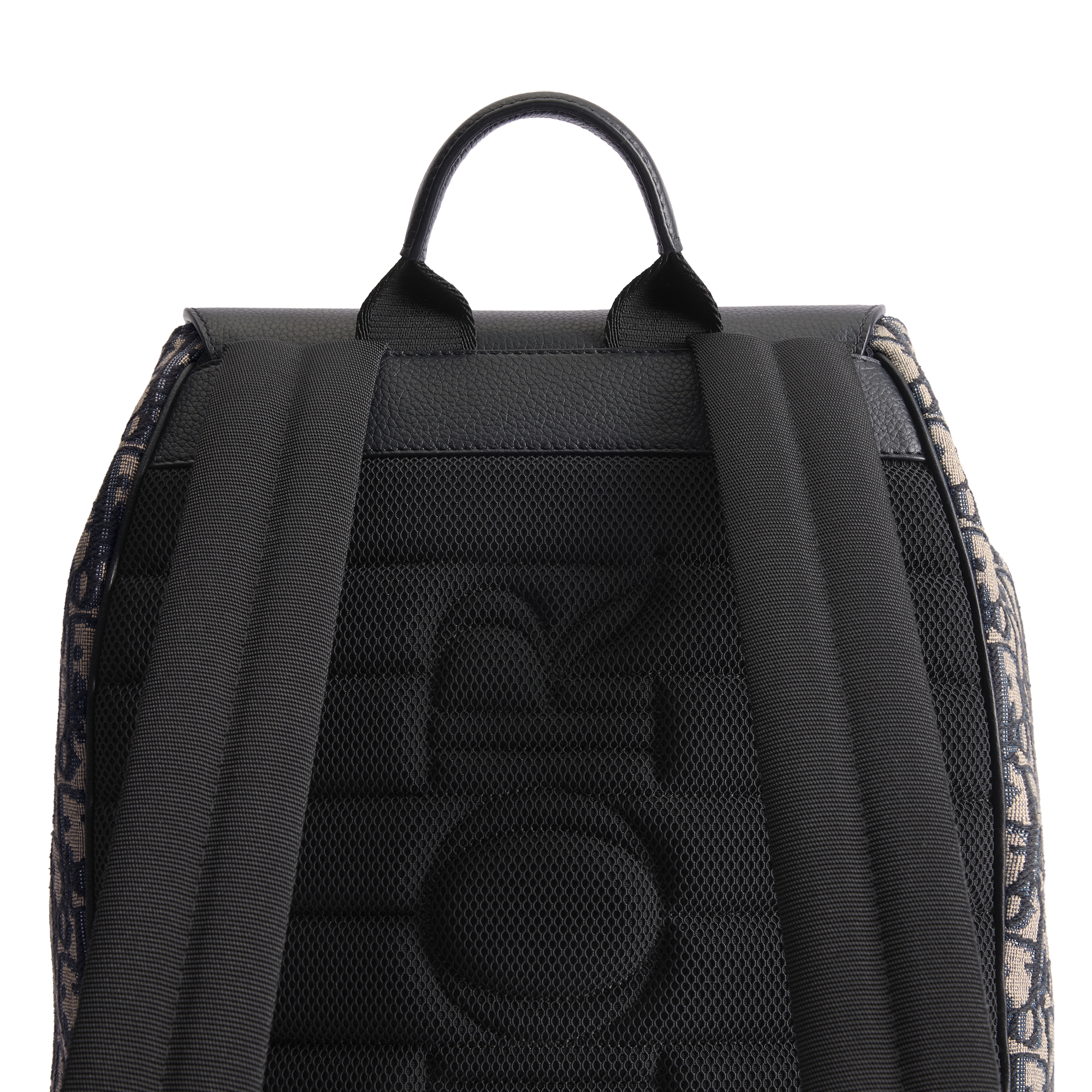 Saddle Backpack with Flap Beige and Black Dior Oblique Jacquard with Black Grained Calfskin E08