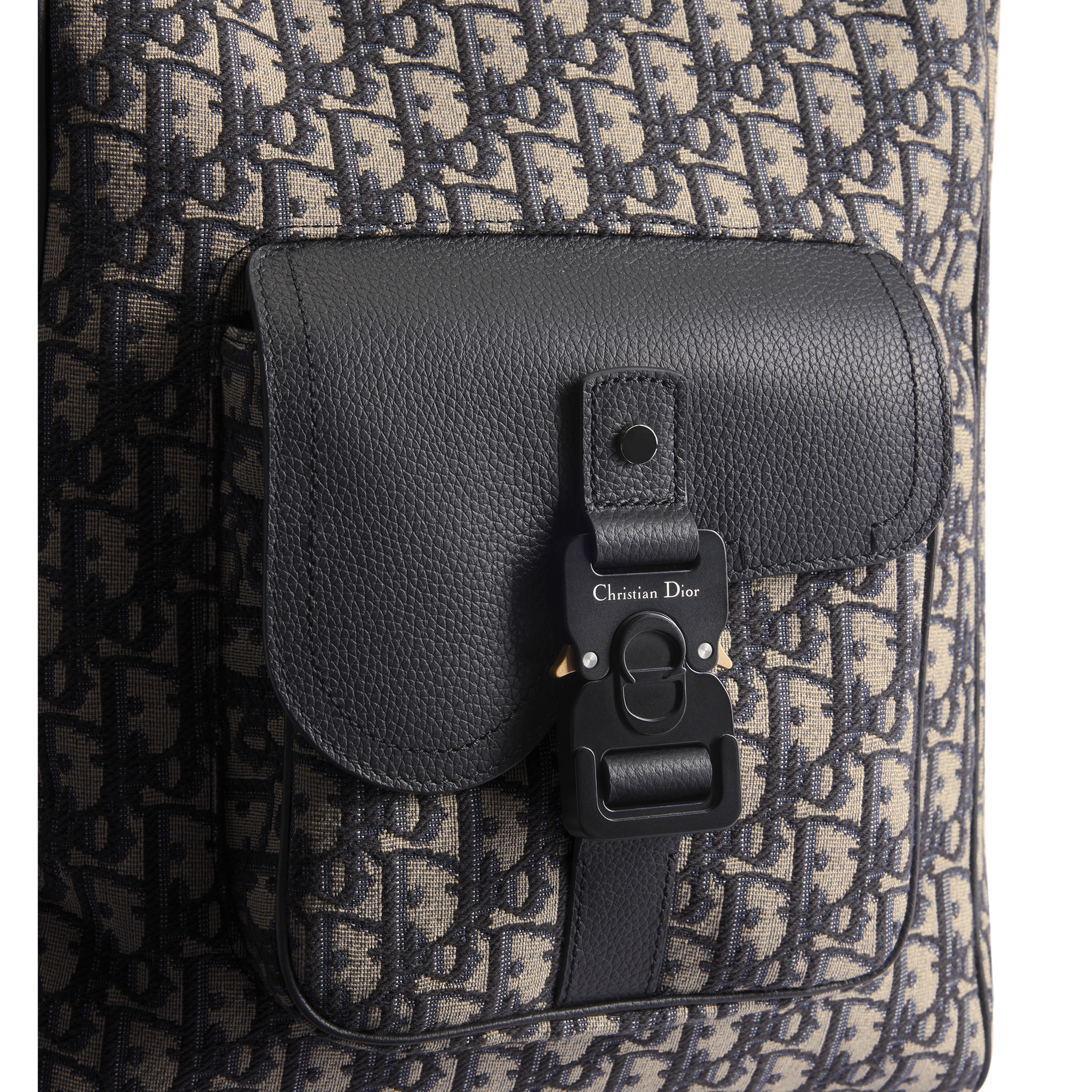 Saddle Backpack with Flap Beige and Black Dior Oblique Jacquard with Black Grained Calfskin E09