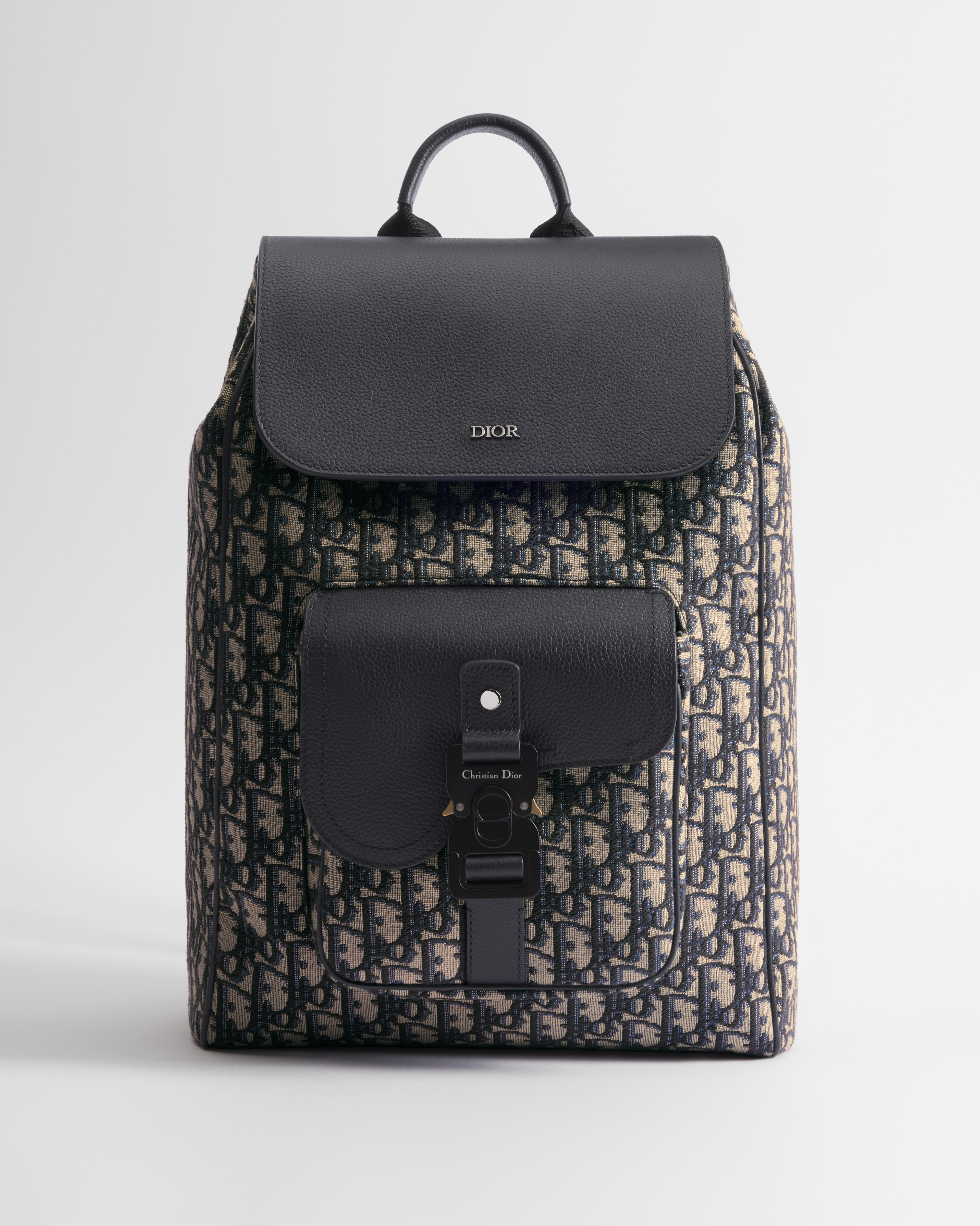 Saddle-rugzak met flap Beige en zwarte Dior Oblique-jacquard met zwart generfd kalfsleer E01