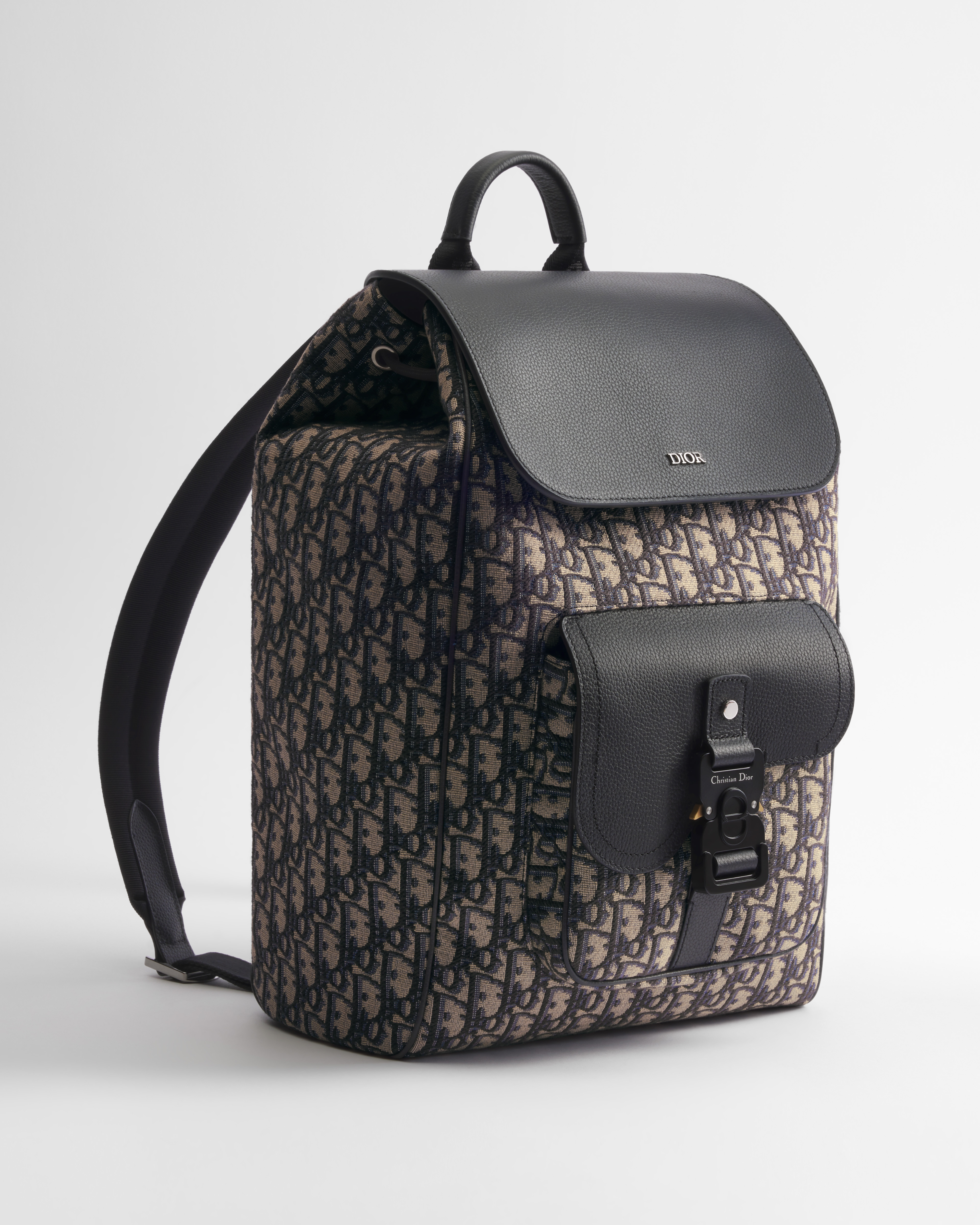Sac à dos à rabat Saddle Toile jacquard Dior Oblique beige et noir et cuir de veau grainé noir E03