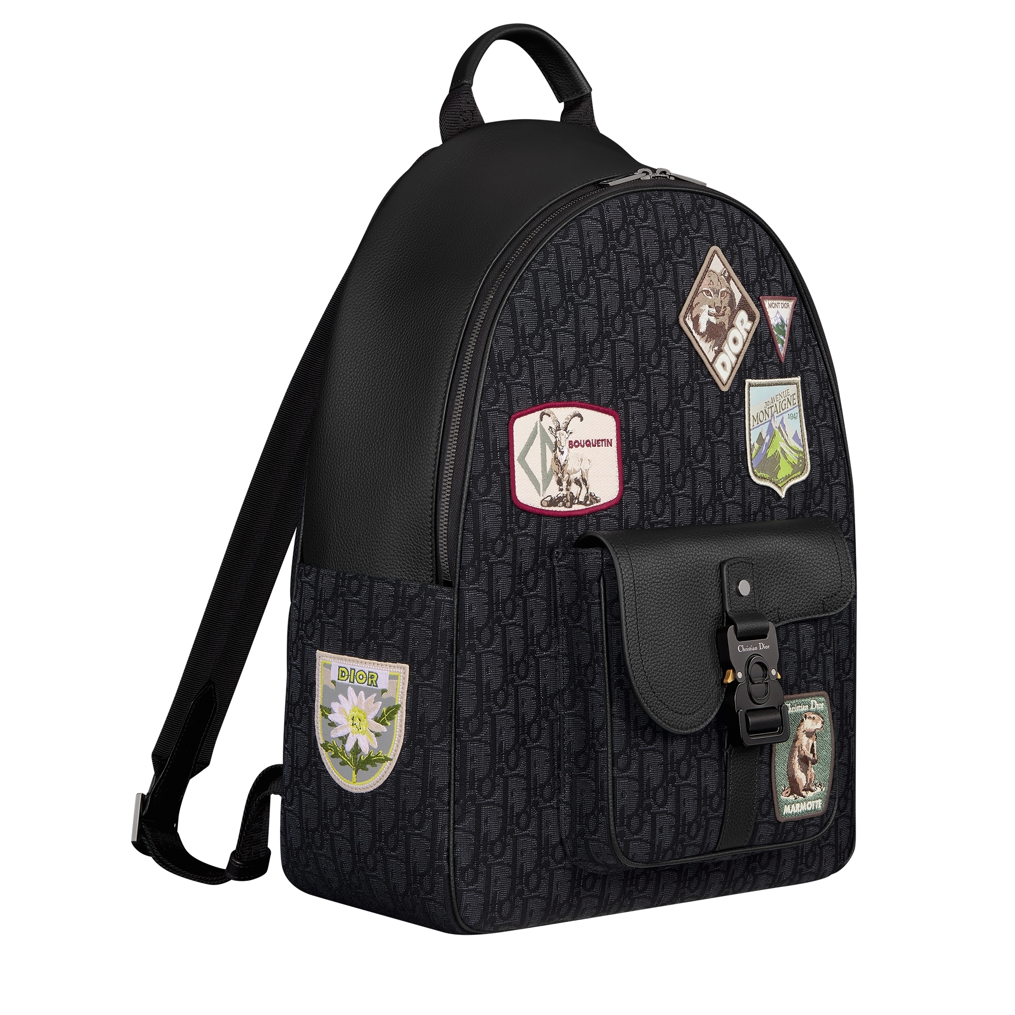 Saddle Zip Backpack Black Dior Oblique Jacquard, Black Grained Calfskin and Multicolor Dior Mountain Patches E03