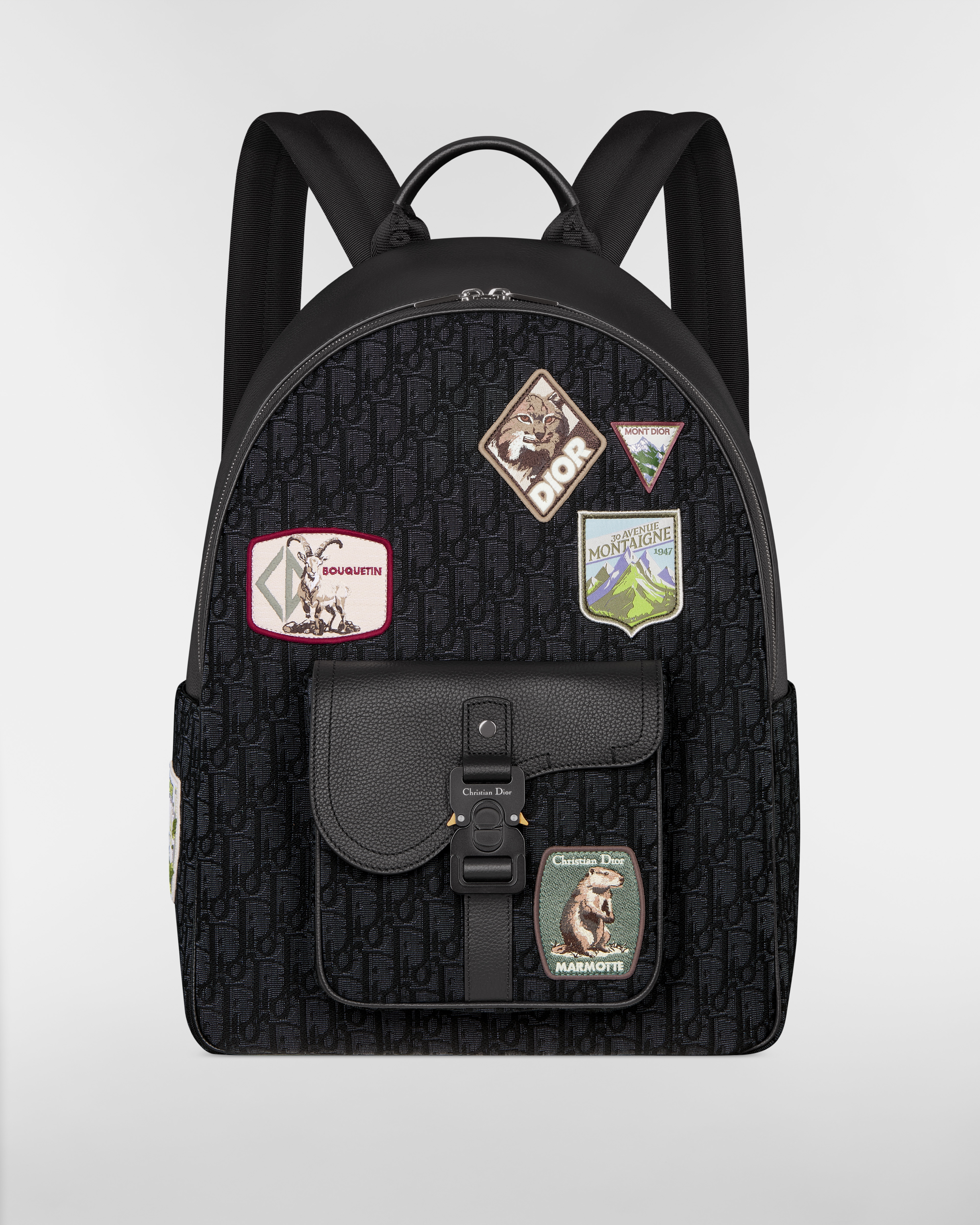 Saddle Zip Backpack Black Dior Oblique Jacquard, Black Grained Calfskin and Multicolor Dior Mountain Patches E01