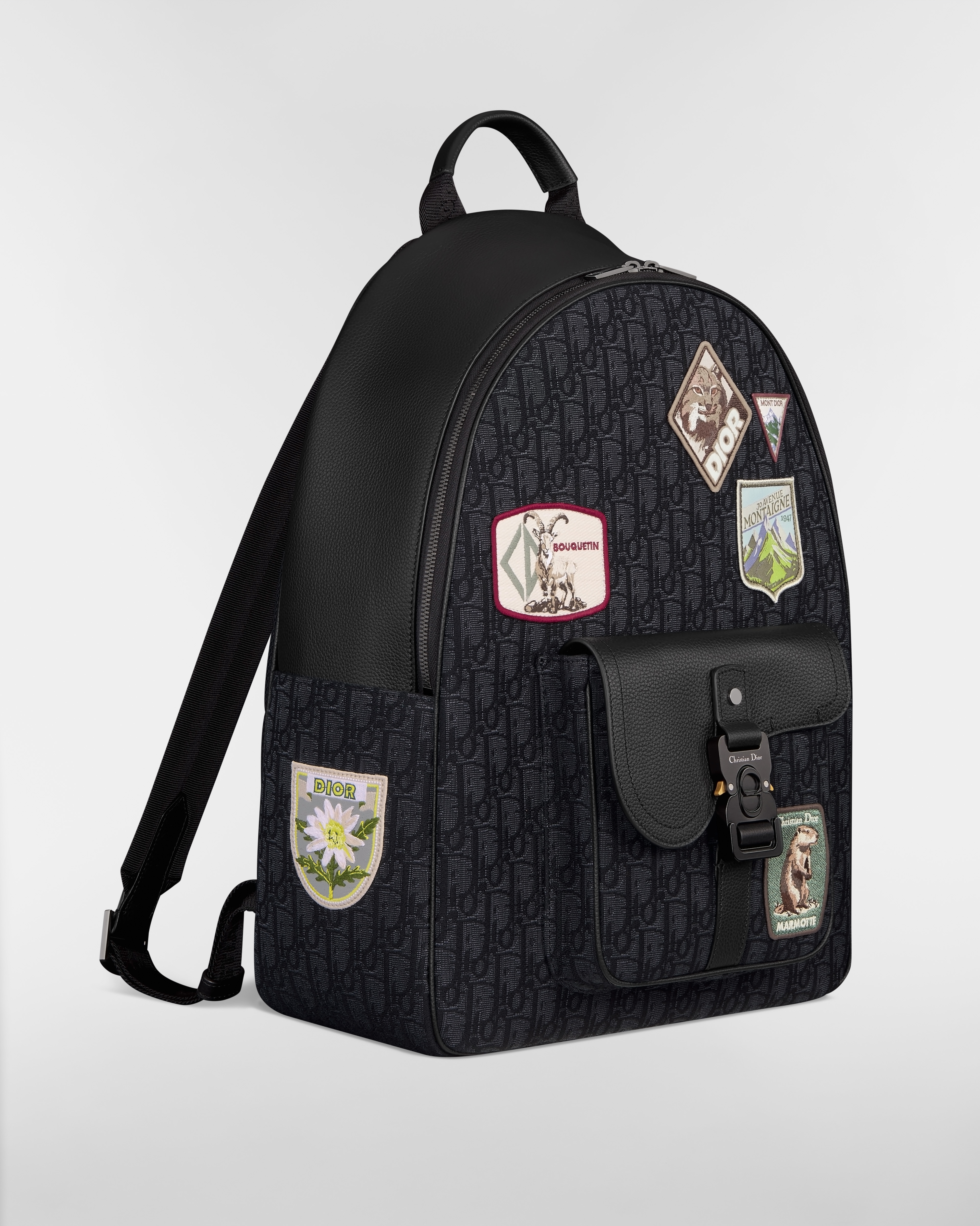 Saddle Zip Backpack Black Dior Oblique Jacquard, Black Grained Calfskin and Multicolor Dior Mountain Patches E03