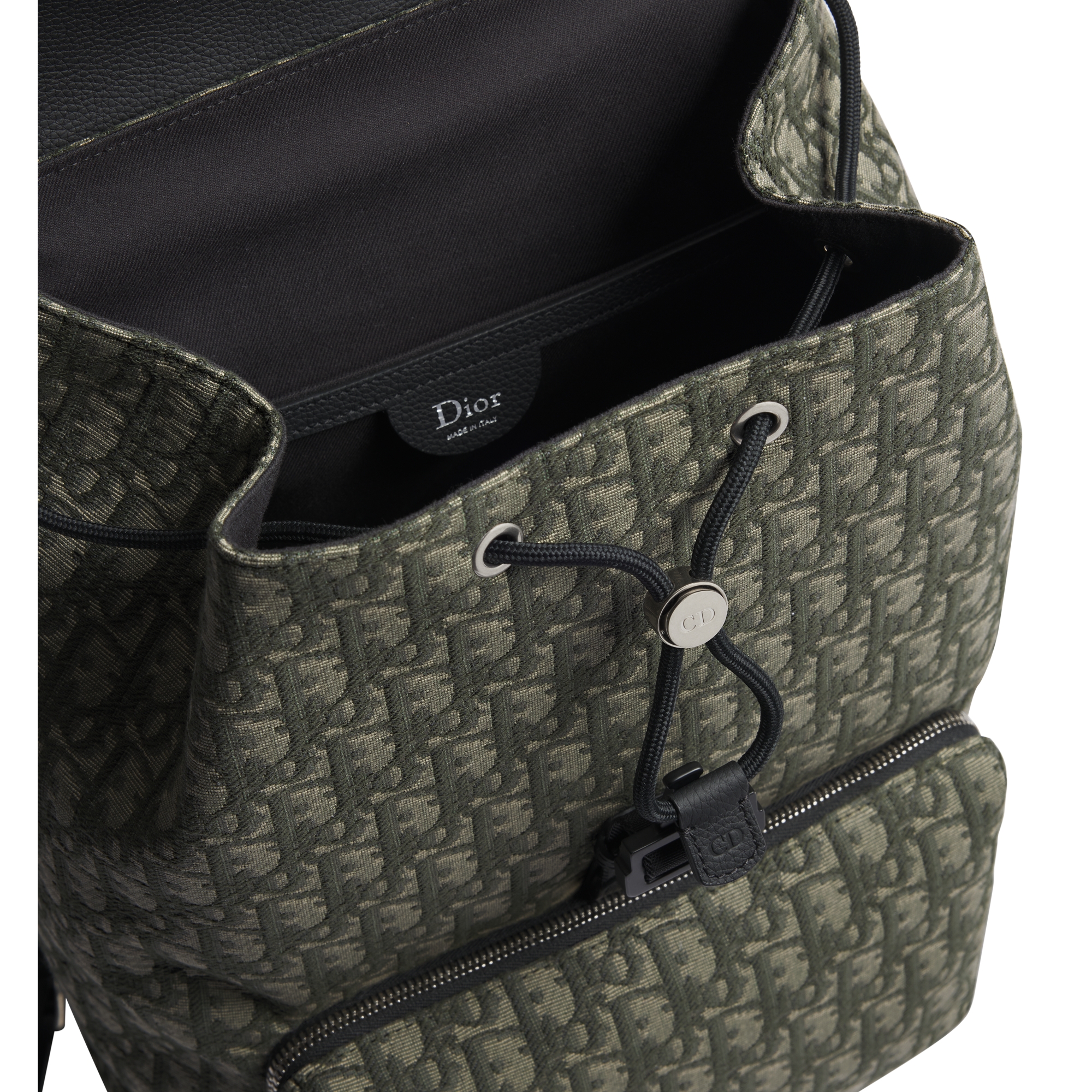 Saddle Heritage Backpack with Flap Khaki Dior Oblique Jacquard and Black Grained Calfskin E06