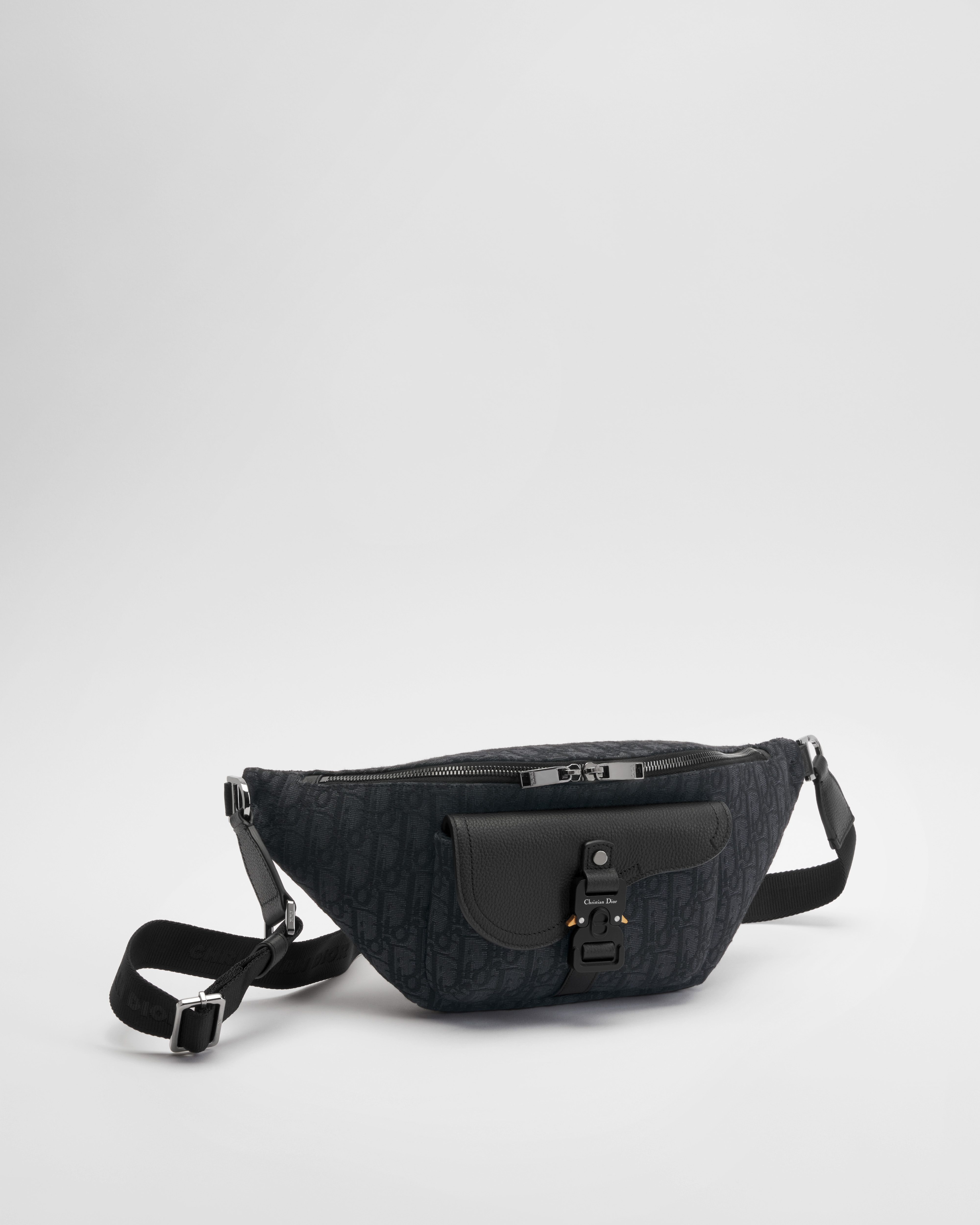 Sac ceinture Saddle Toile jacquard Dior Oblique noir et cuir de veau grainé noir E03