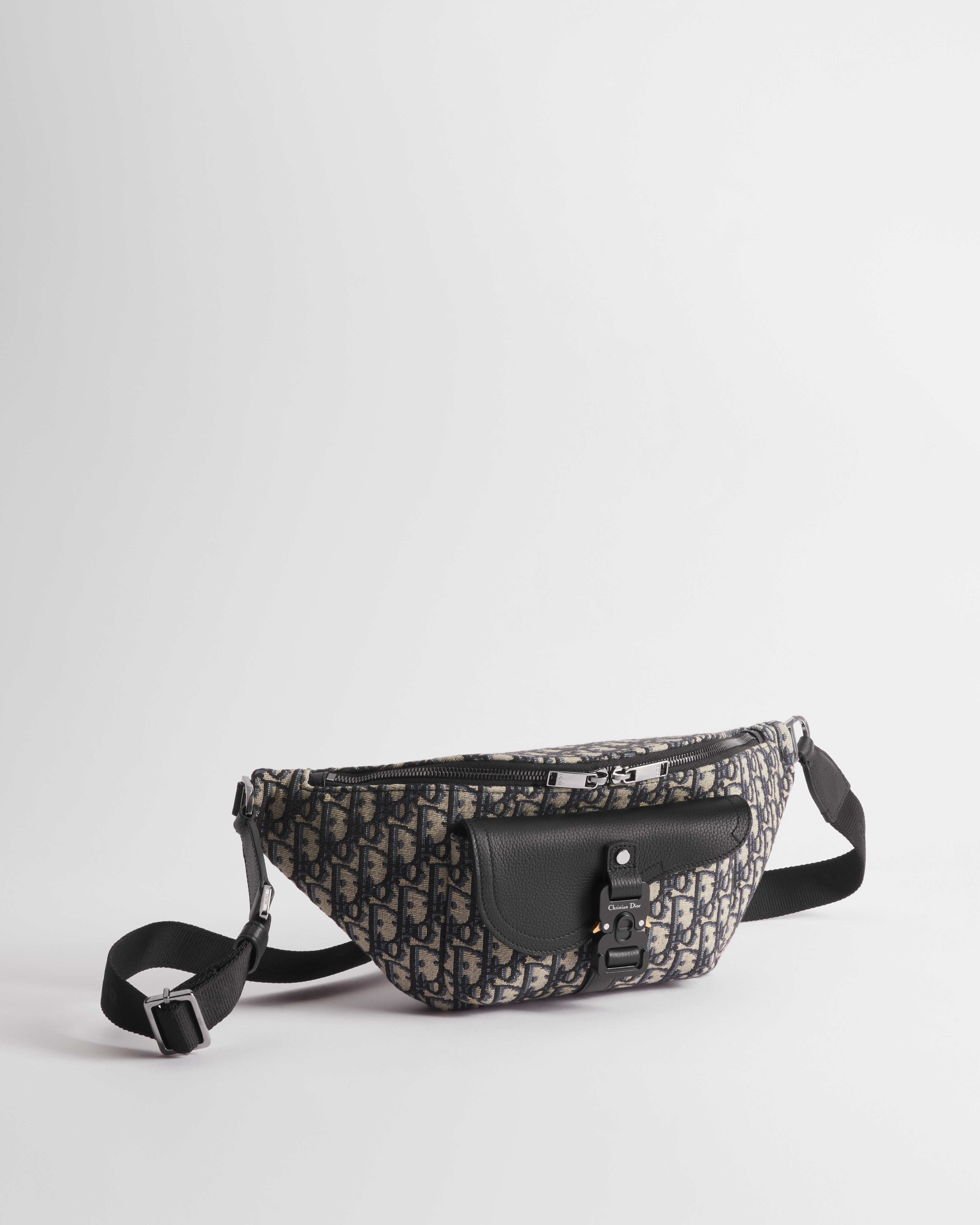 Saddle-heuptas Beige en zwarte Dior Oblique-jacquard met zwart generfd kalfsleer E03