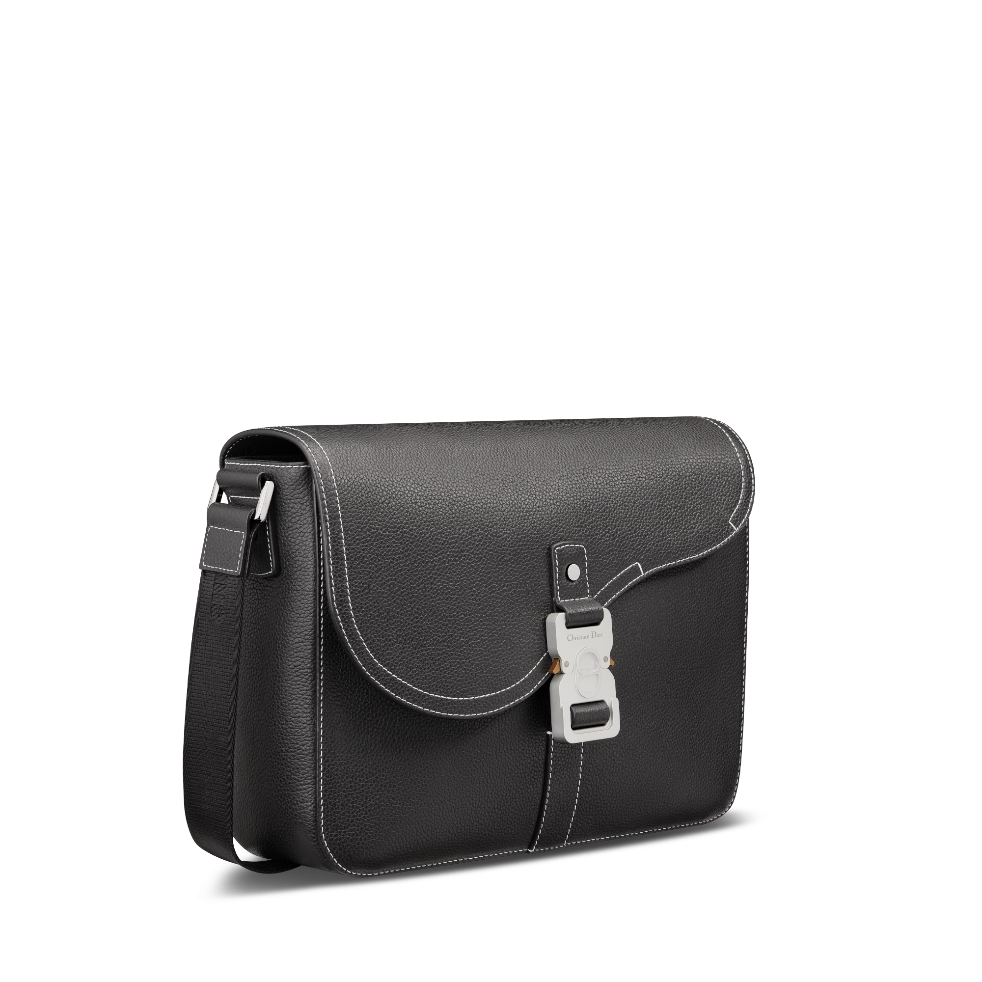 Medium Saddle Messenger Bag with Flap Black Grained Calfskin E03