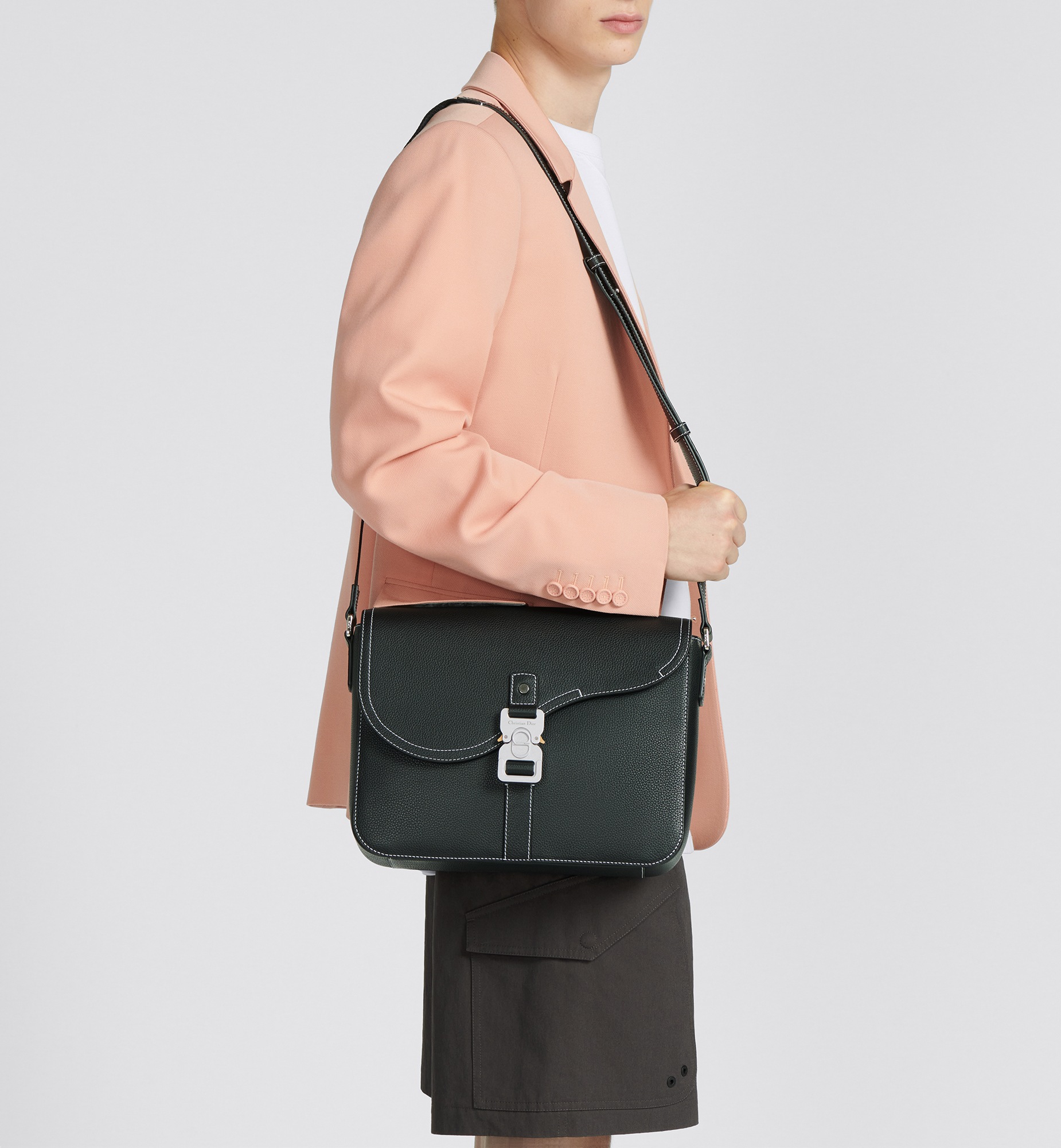 Medium Saddle Messenger Bag with Flap Black Grained Calfskin E11